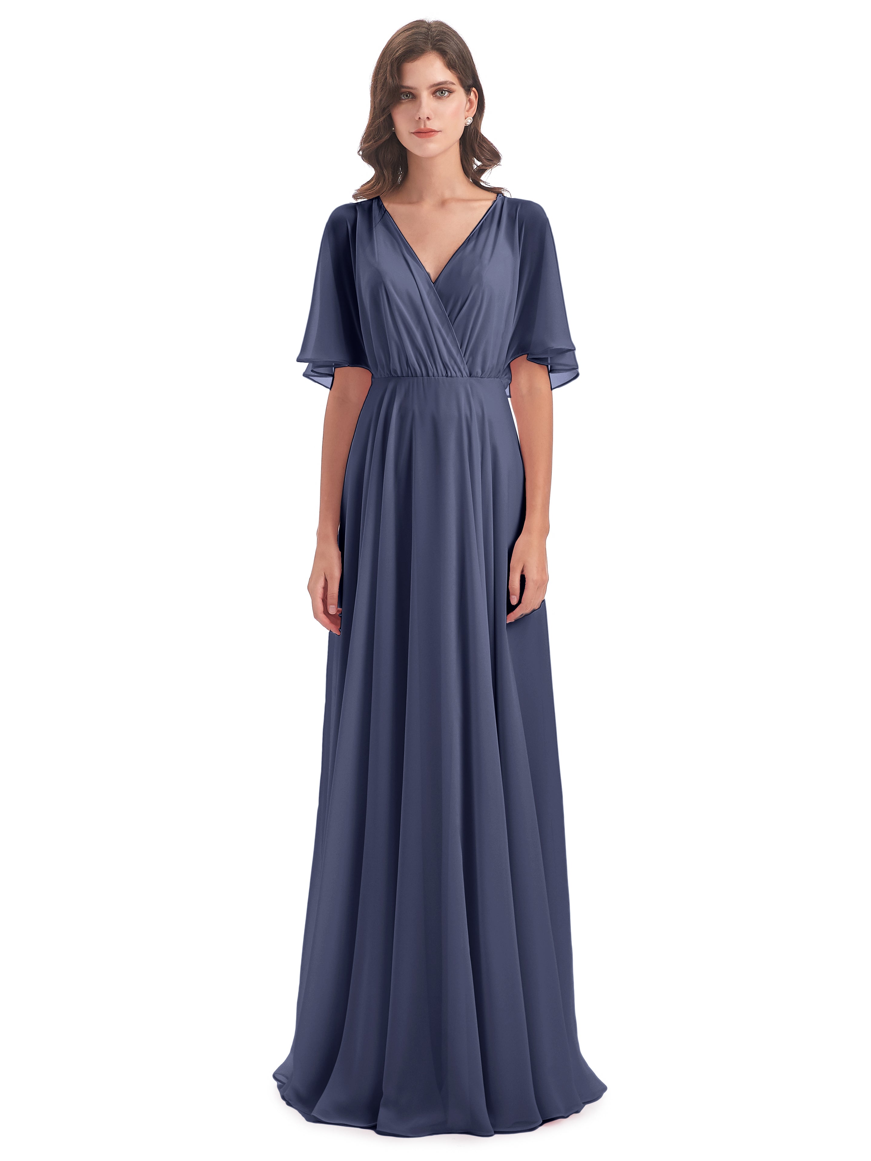 Robes De Demoiselle D'Honneur Bleu Orageux Trapèze Dos En V Robes Demoiselle D'Honneur