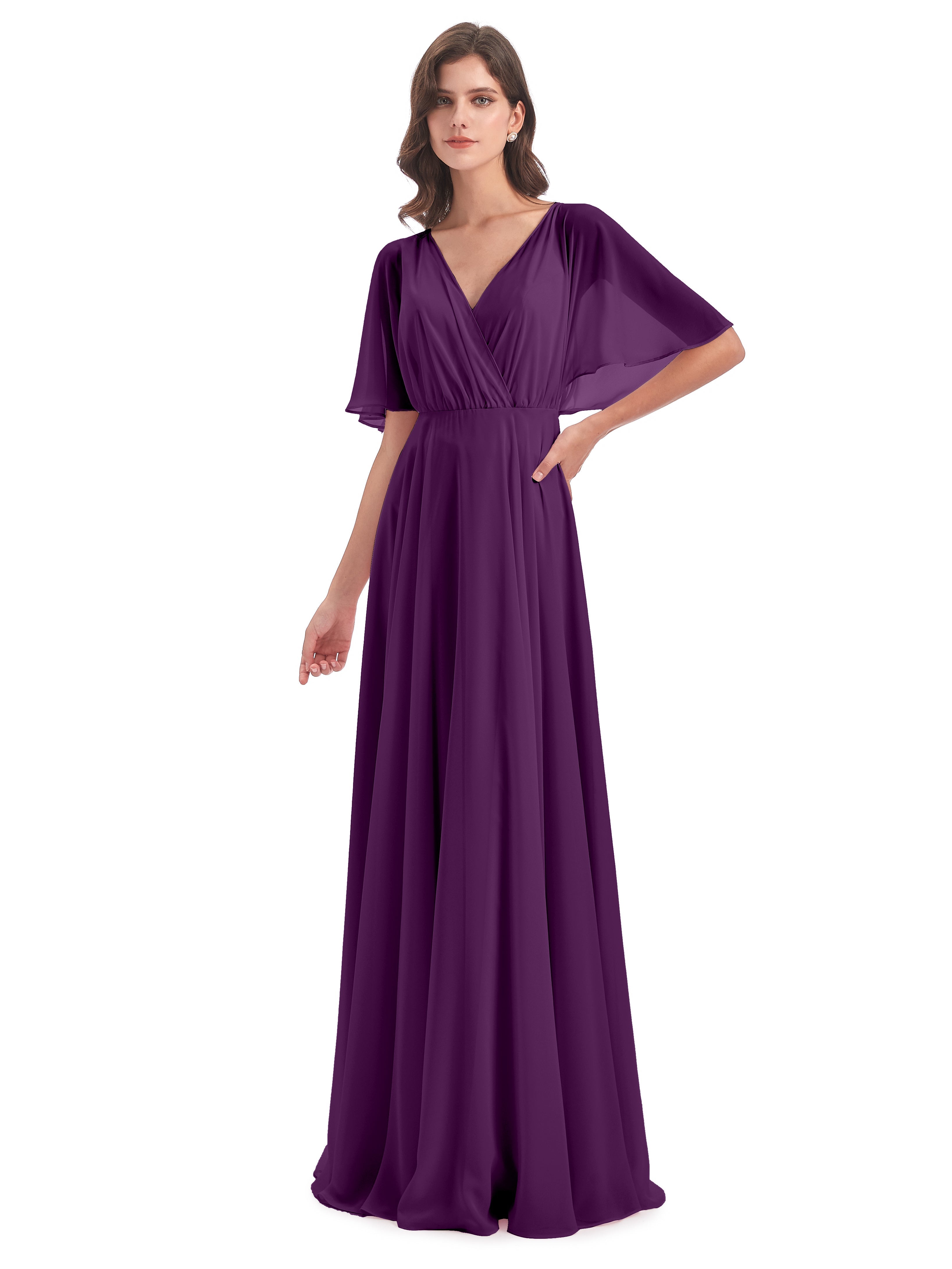 Robes De Demoiselle D'Honneur En Raisin Trapèze Dos En V Robes Demoiselle D'Honneur