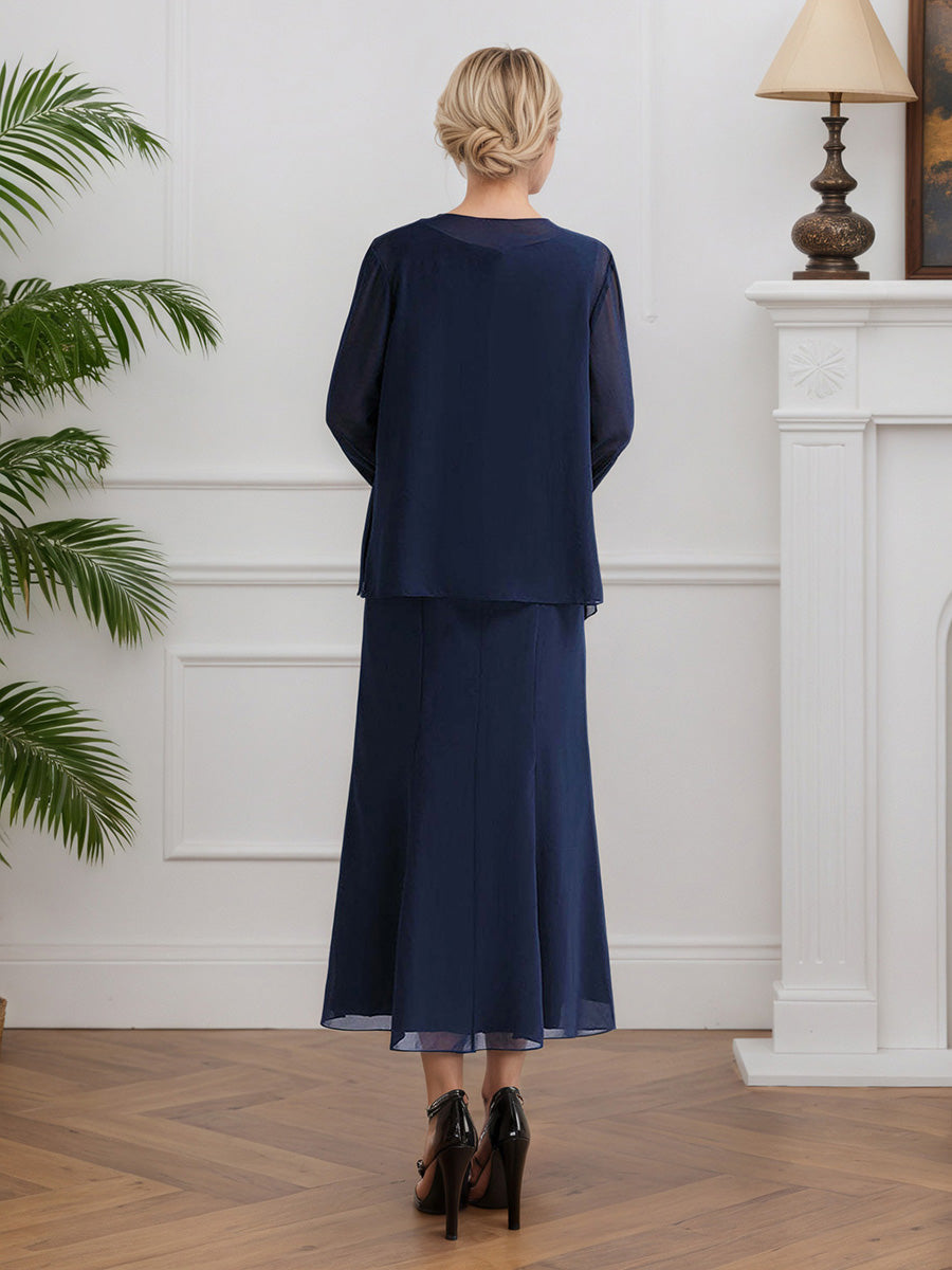 Cicinia Bleu Marine Foncé 2 Pièces Robe de Mère de la Mariée Longue en Mousseline Ligne A