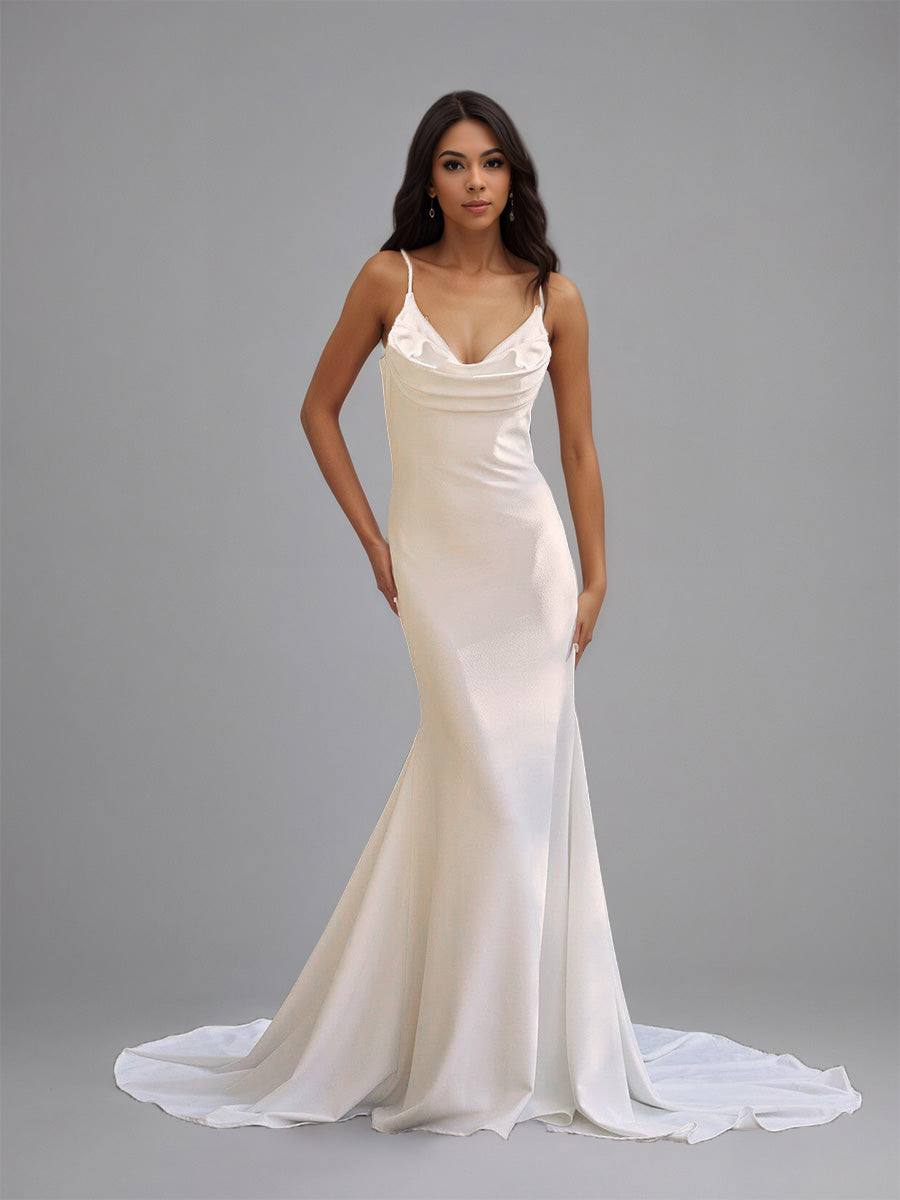 Cicinia Robe de Mariée Sirène Longue à Bretelles Spaghetti Décolleté en V Minimaliste