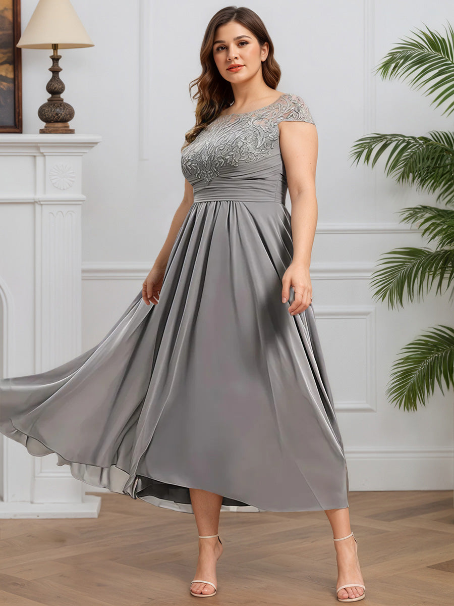Cicinia Gris Robe pour Mère de la Mariée Longue en Mousseline et Dentelle A-Line Fermeture Dos à Glissière Grande Taille