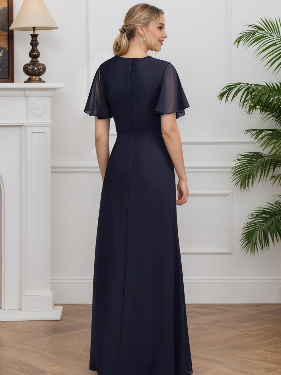 Cicinia Bleu Marine Foncé Robe pour Mère de la Mariée Longue en Mousseline A-Line Encolure Asymétrique