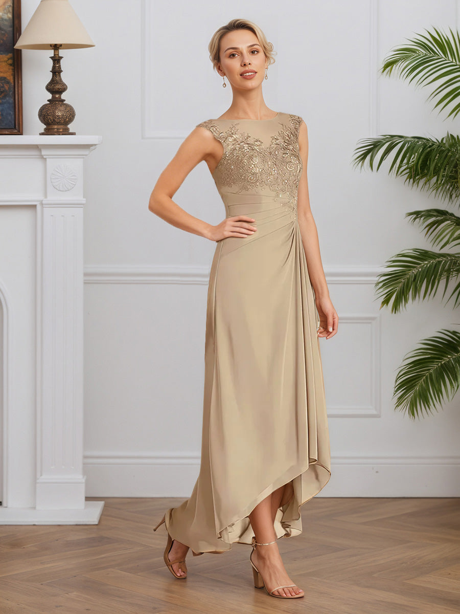 Cicinia Champagne Robe pour Mère de la Mariée Longue Col Rond en Mousseline et Dentelle A-Line Longueur Sol