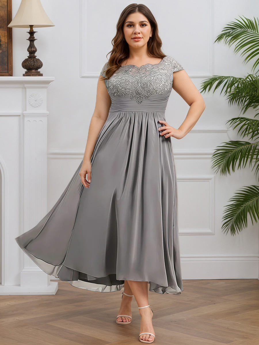 Cicinia Gris Robe pour Mère de la Mariée Longue en Mousseline et Dentelle A-Line Fermeture Dos à Glissière Grande Taille