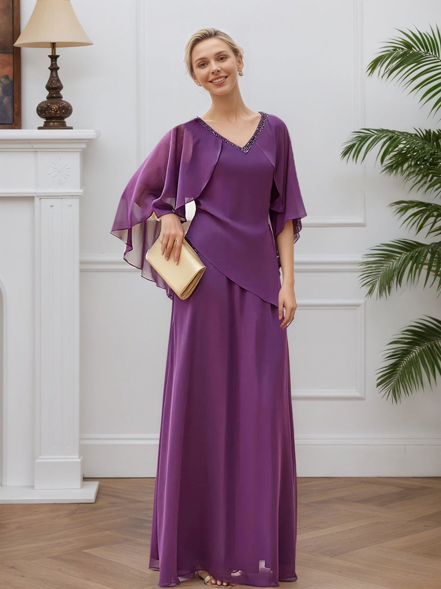 Cicinia Violet Tahiti Robe pour Mère de la Mariée Longue en Chiffon A-Line Manches Trois-Quarts Perlé