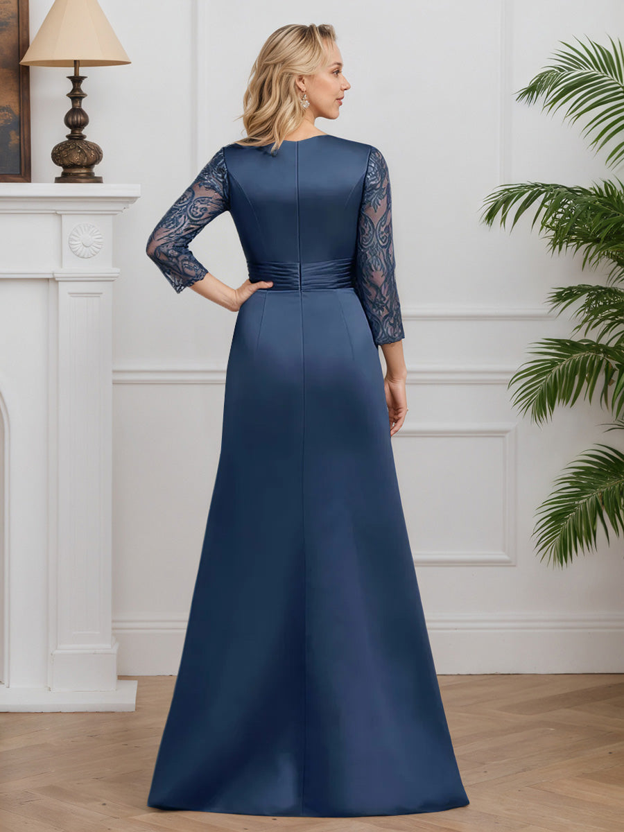 Cicinia Bleu Encre Robe pour Mère de la Mariée Longue en Satin et Dentelle A-Line Manches Trois-Quarts Longueur Sol