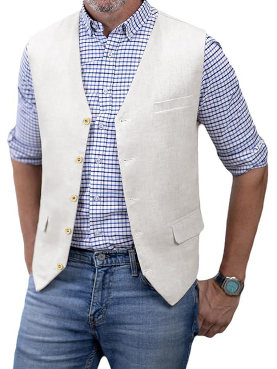 Gilet Décontracté en BLANC en Coton-Lin Respirant Minimalisme Élégant pour Homme
