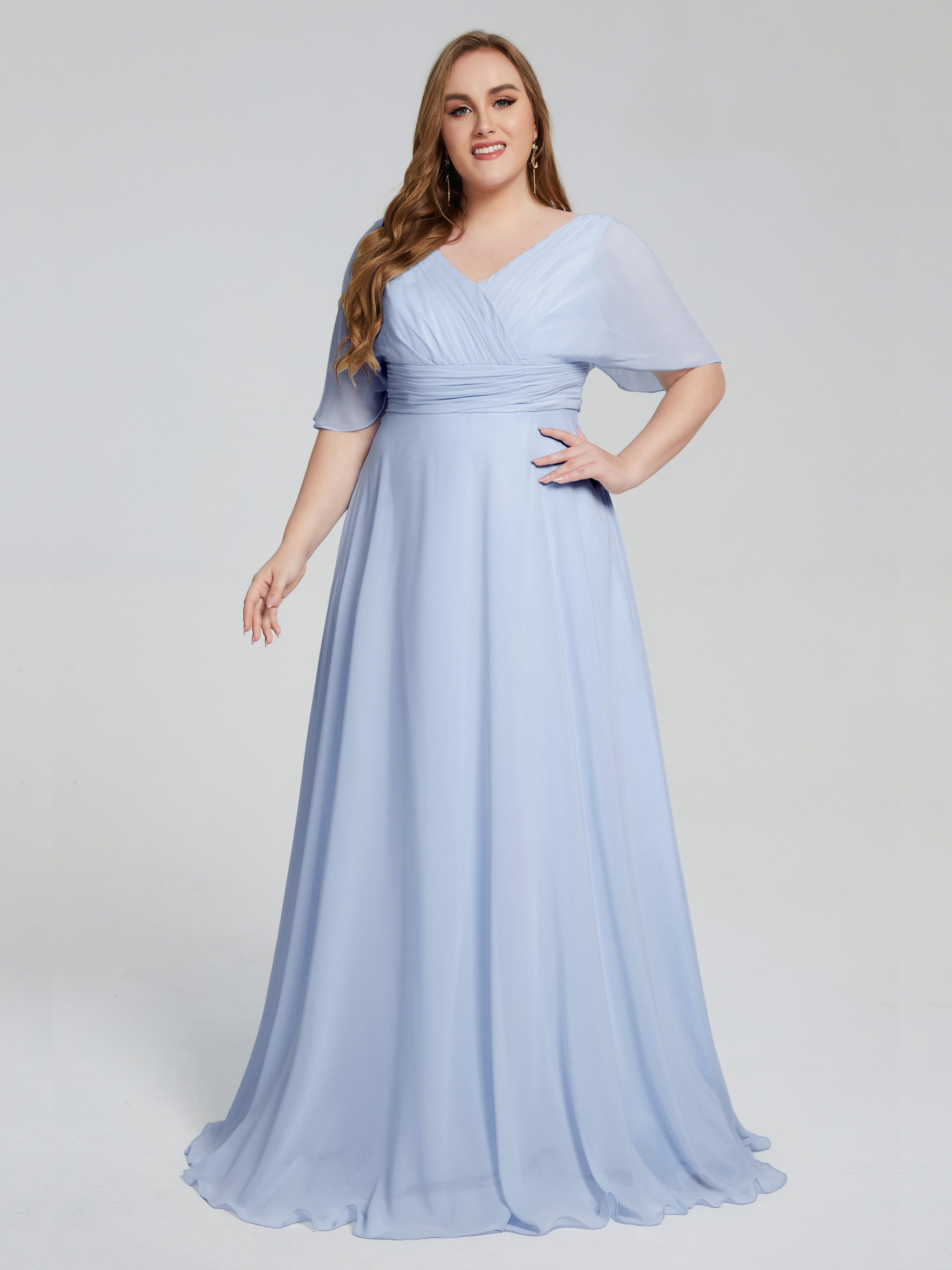 Robe Demoiselle D Honneur Bleu Ciel Balayage Traîne Manches Courtes Mousseline Robes Demoiselle D'Honneur Grande Taille