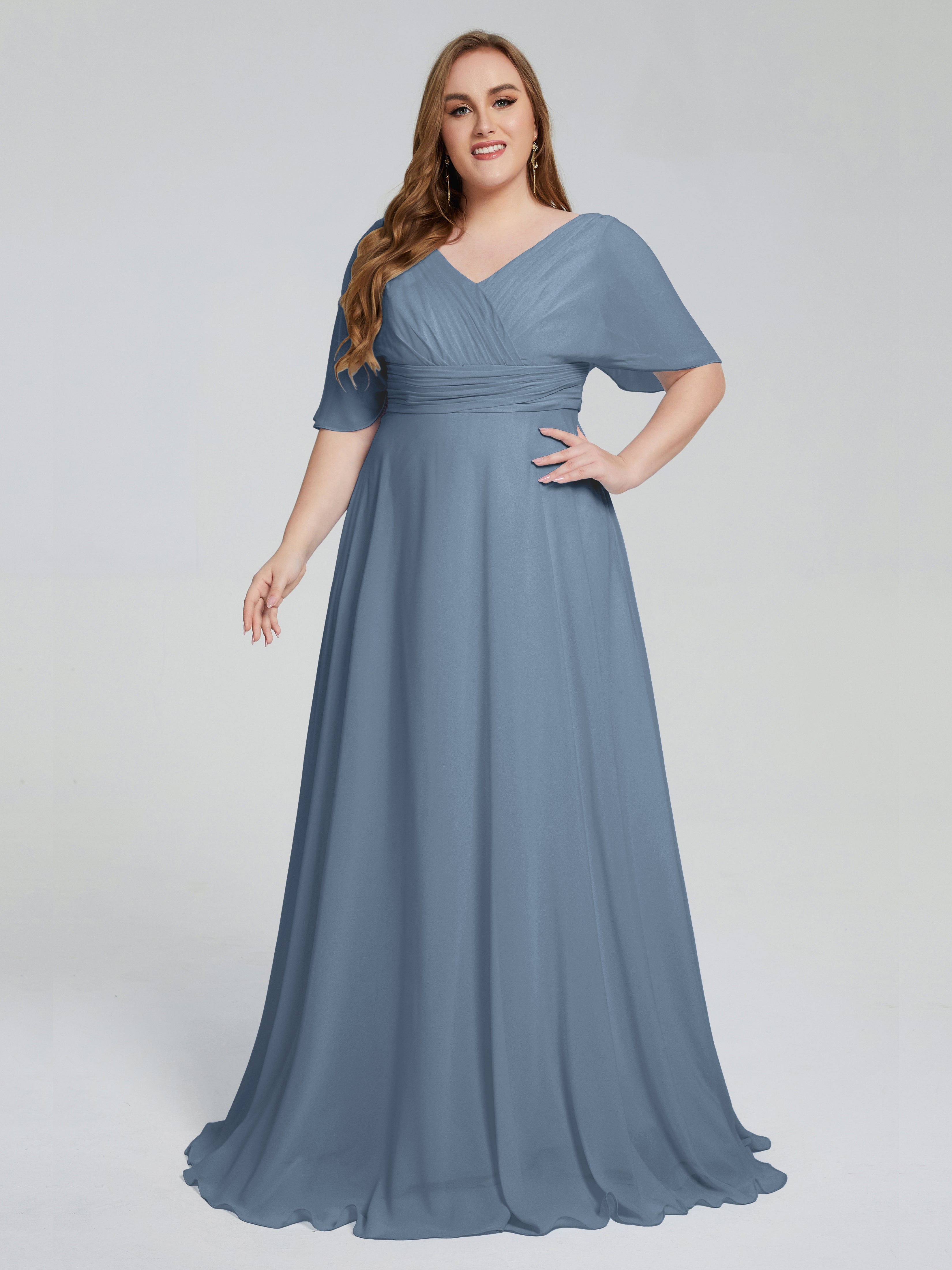 Robes De Demoiselle D'Honneur Bleu De Schiste Balayage Traîne Manches Courtes Mousseline Robes Demoiselle D'Honneur Grande Taille