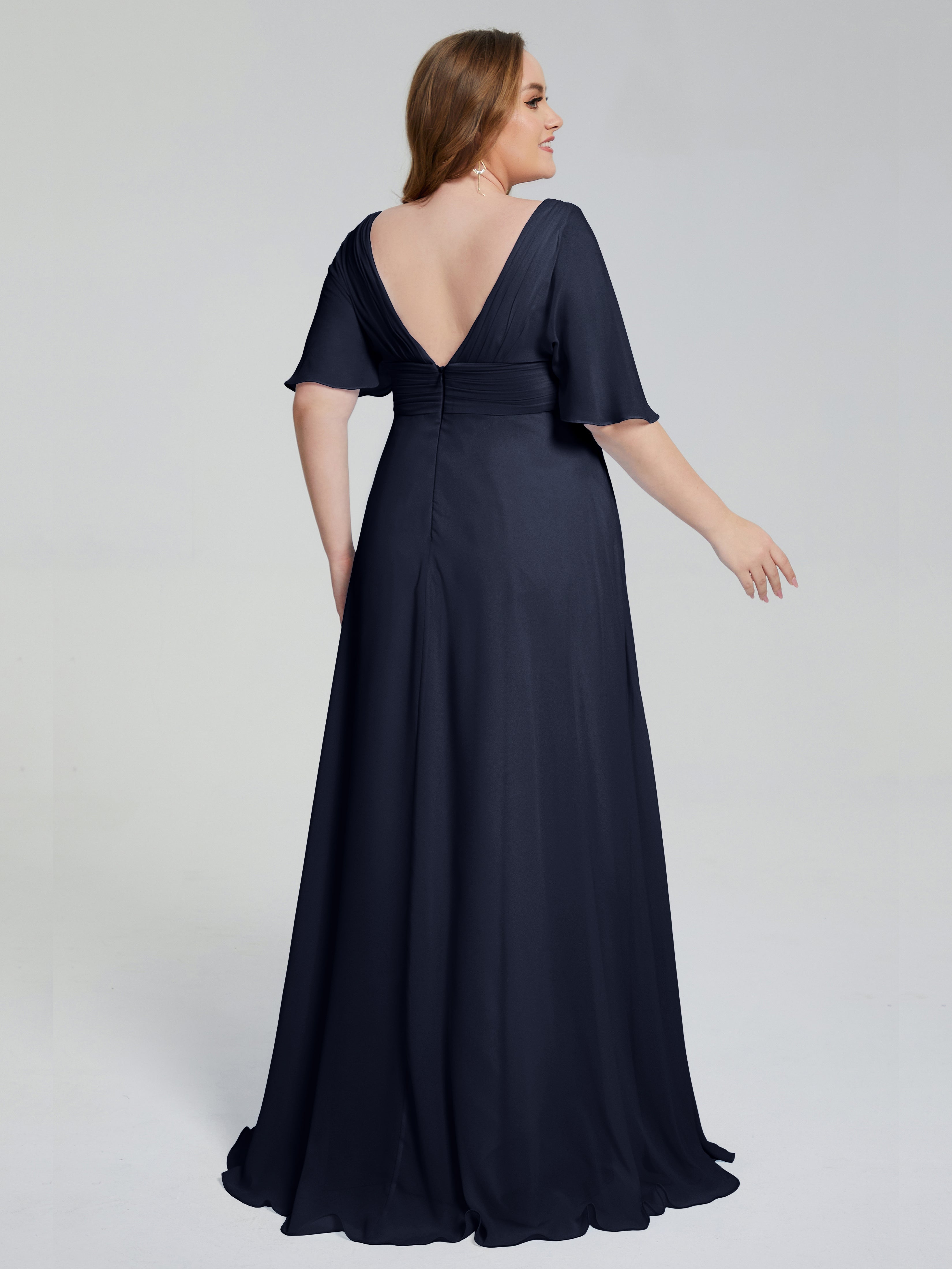 Robes De Demoiselle D'Honneur Bleu Marine Balayage Traîne Manches Courtes Mousseline Robes Demoiselle D'Honneur Grande Taille
