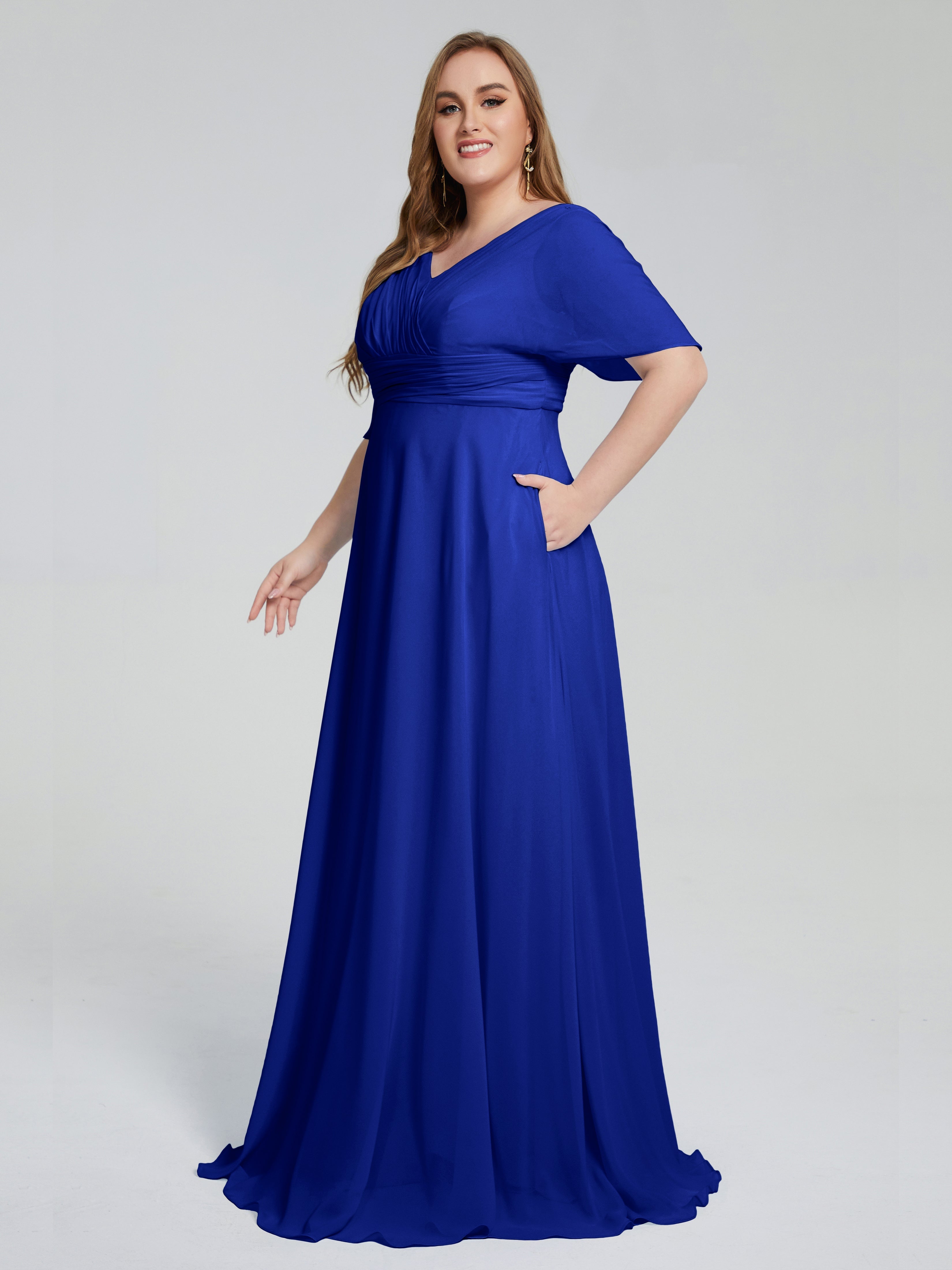 Demoiselle D'Honneur Bleu Royal Balayage Traîne Manches Courtes Mousseline Robes Demoiselle D'Honneur Grande Taille