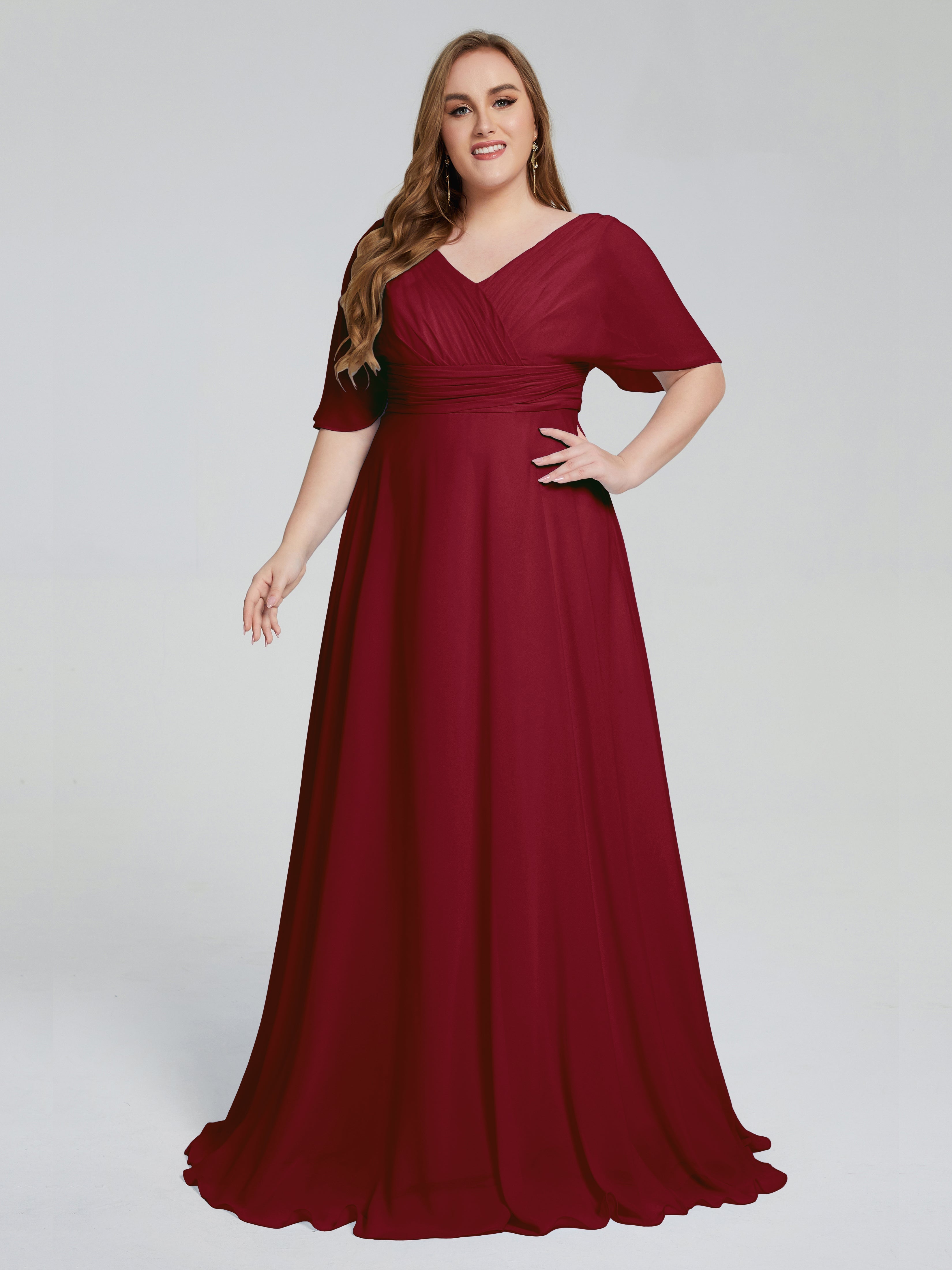 Modestes Robes De Demoiselle D'Honneur Bordeaux Balayage Traîne Manches Courtes Mousseline Robes Demoiselle D'Honneur Grande Taille