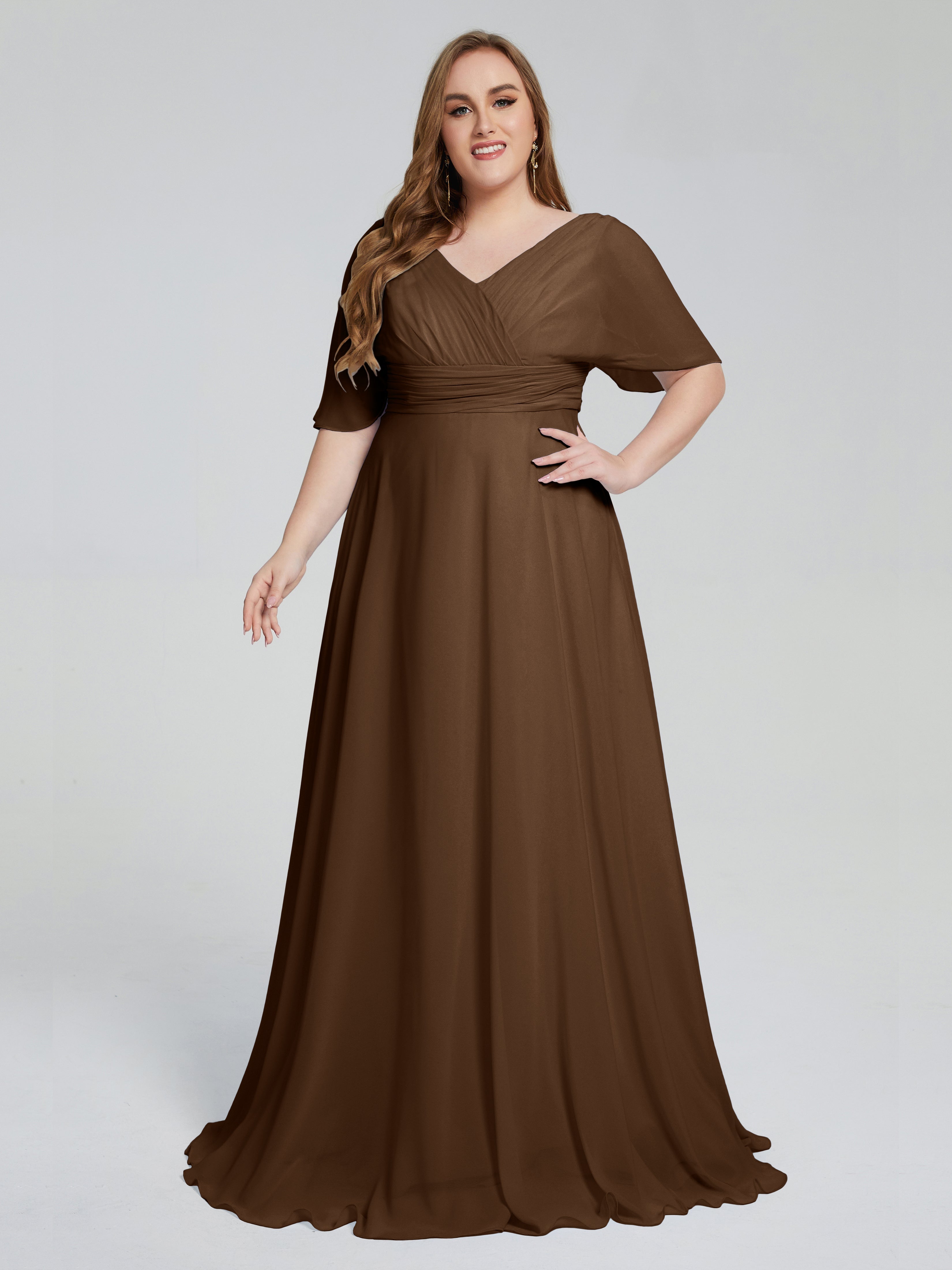 Robe Demoiselle D Honneur Brun Balayage Traîne Manches Courtes Mousseline Robes Demoiselle D'Honneur Grande Taille