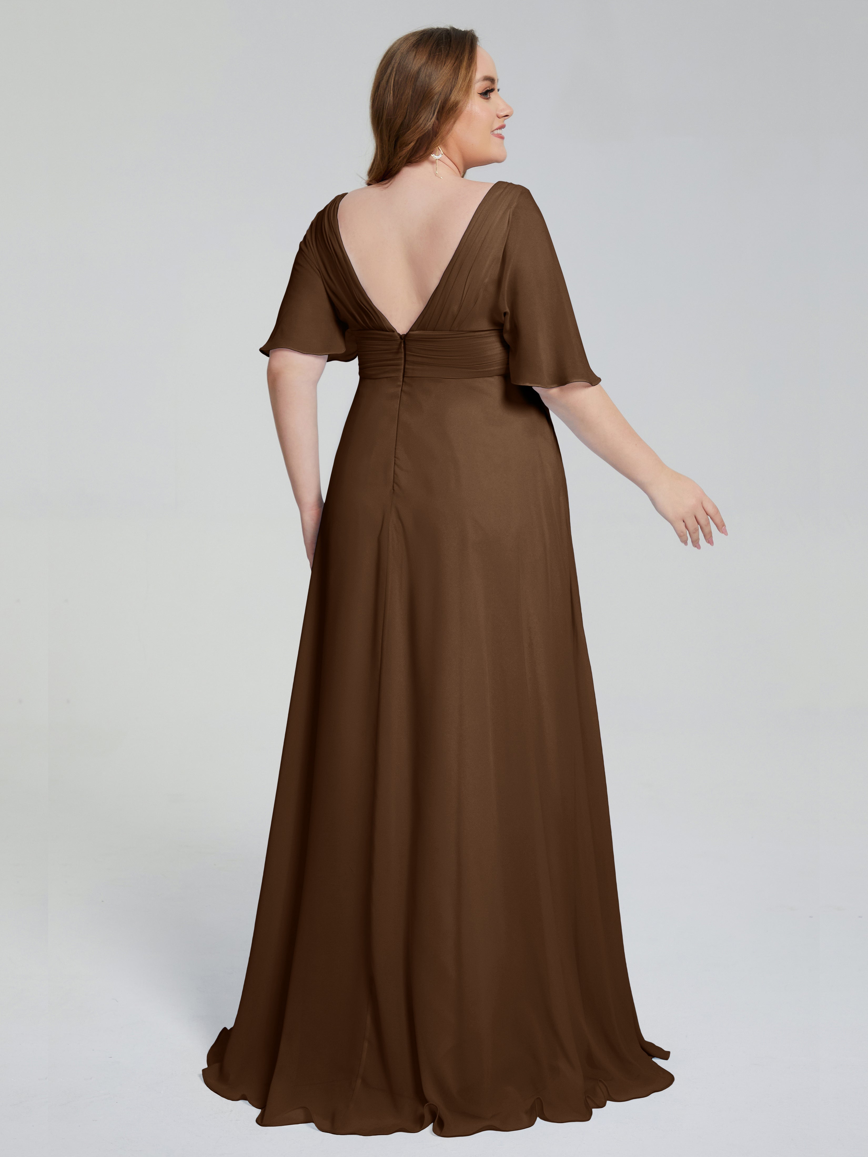 Robe Demoiselle D Honneur Brun Balayage Traîne Manches Courtes Mousseline Robes Demoiselle D'Honneur Grande Taille