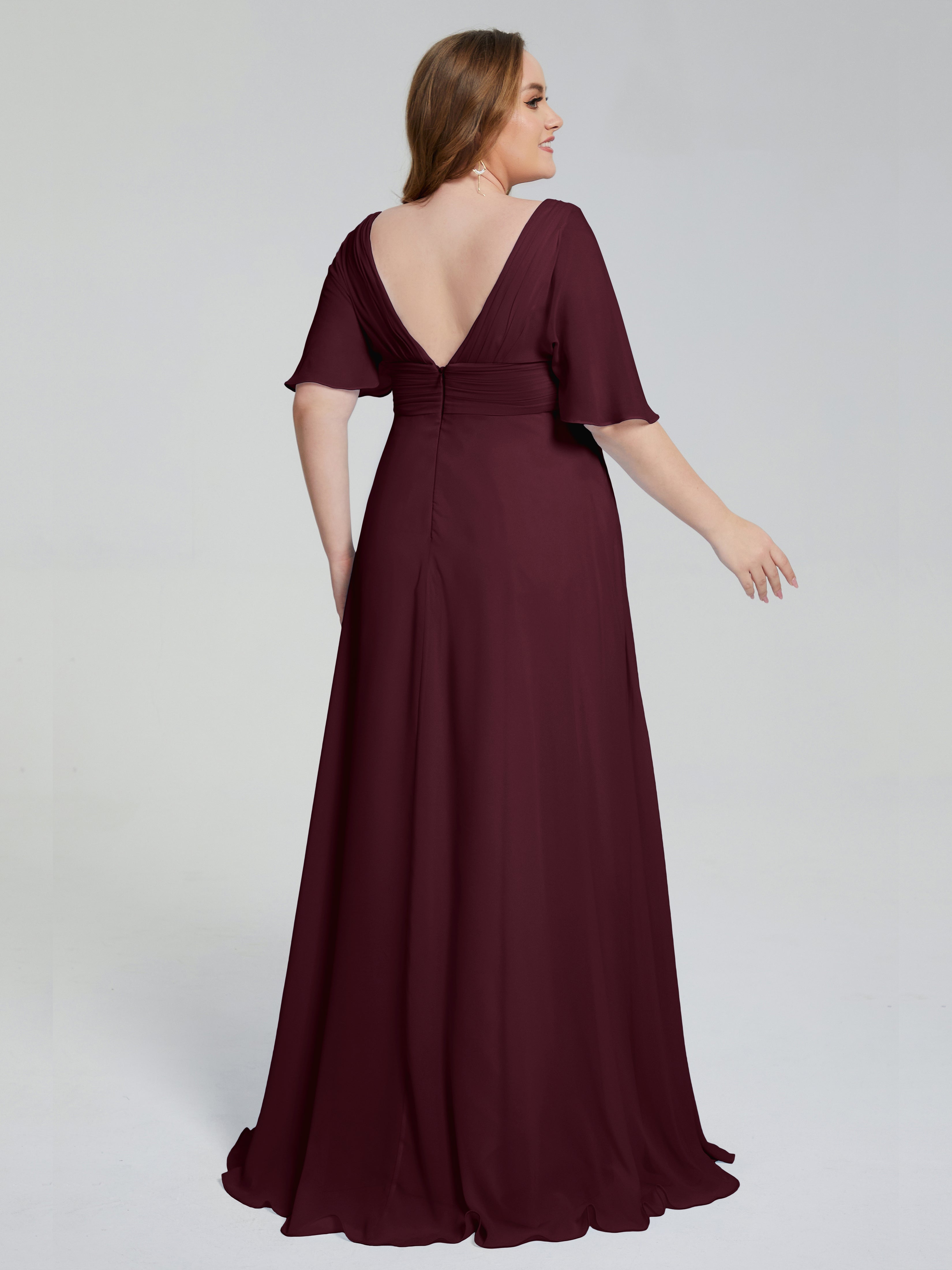 Robes De Demoiselle D'Honneur Cabernet Balayage Traîne Manches Courtes Mousseline Robes Demoiselle D'Honneur Grande Taille
