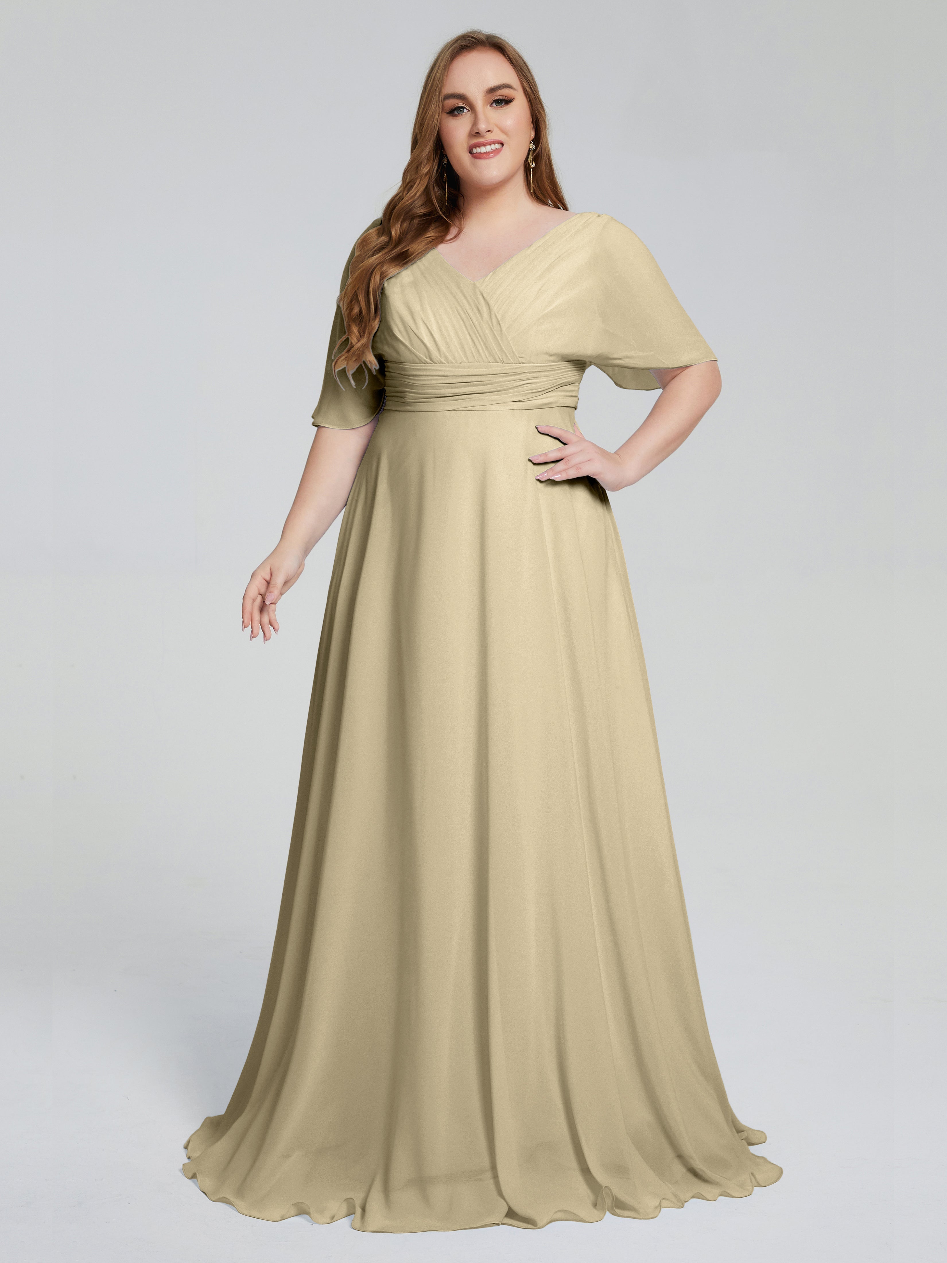 Robes De Demoiselle D'Honneur Champagne Balayage Traîne Manches Courtes Mousseline Robes Demoiselle D'Honneur Grande Taille