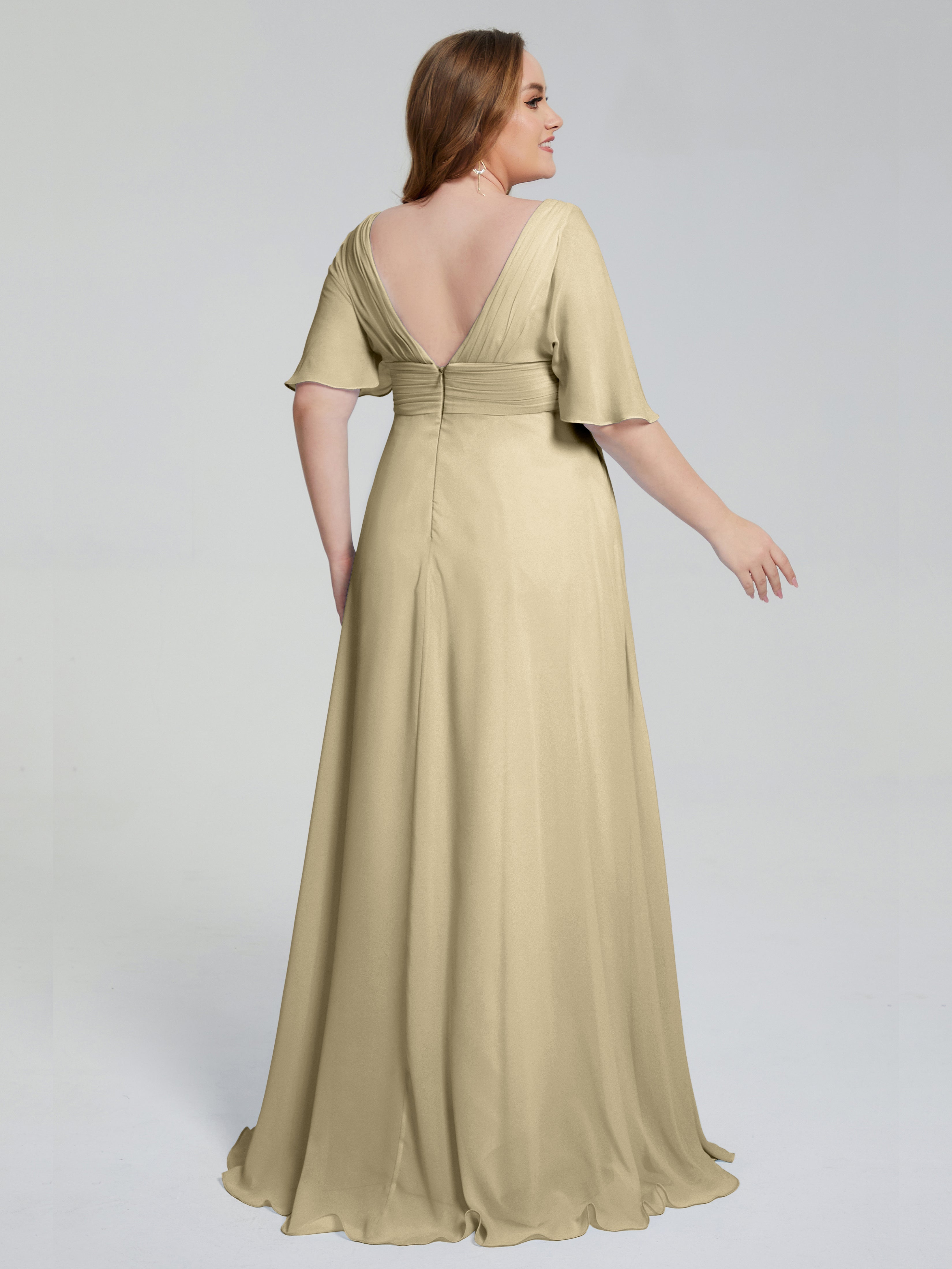 Robes De Demoiselle D'Honneur Champagne Balayage Traîne Manches Courtes Mousseline Robes Demoiselle D'Honneur Grande Taille