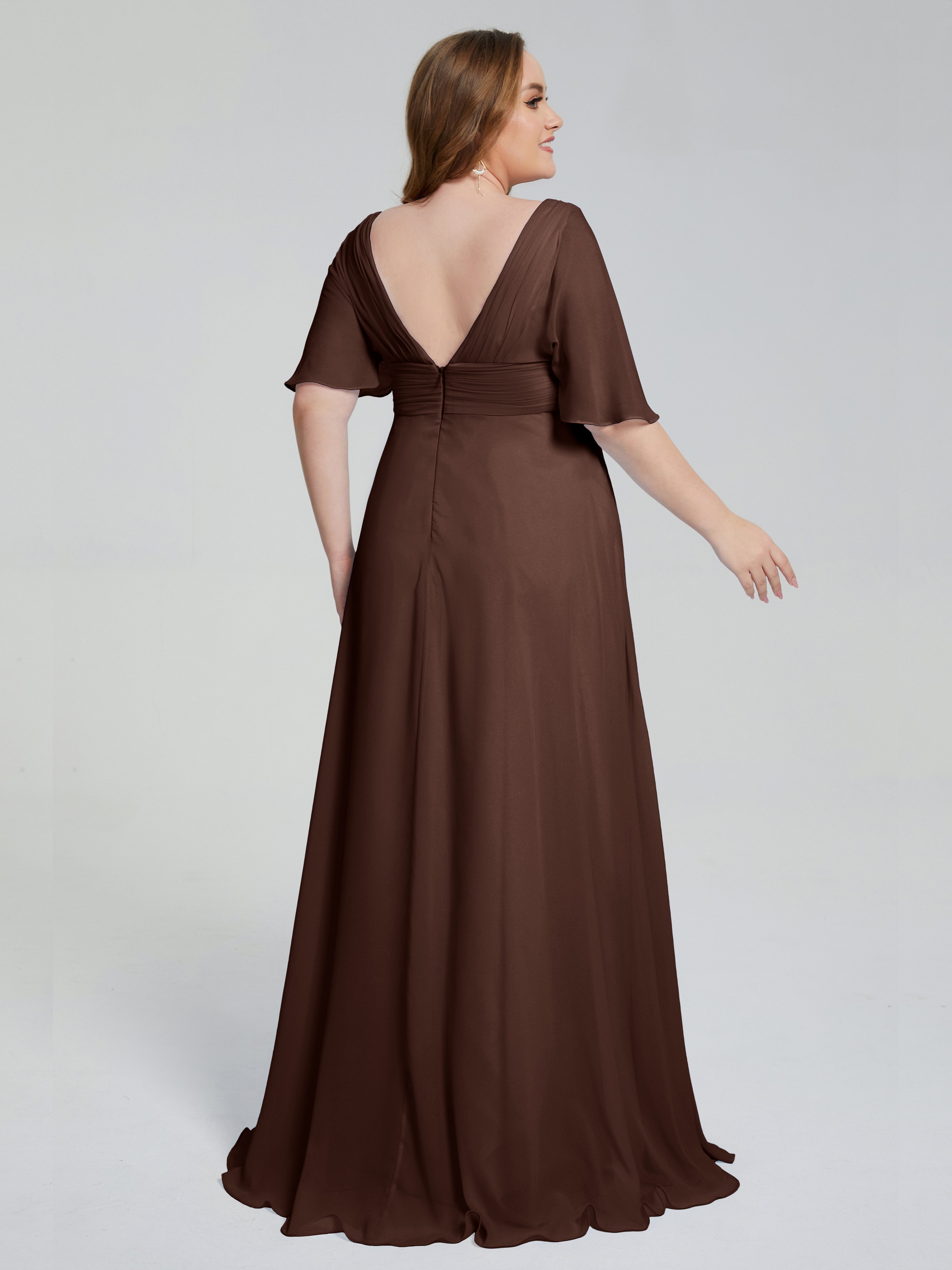 Robe Demoiselle D Honneur Chocolat Balayage Traîne Manches Courtes Mousseline Robes Demoiselle D'Honneur Grande Taille