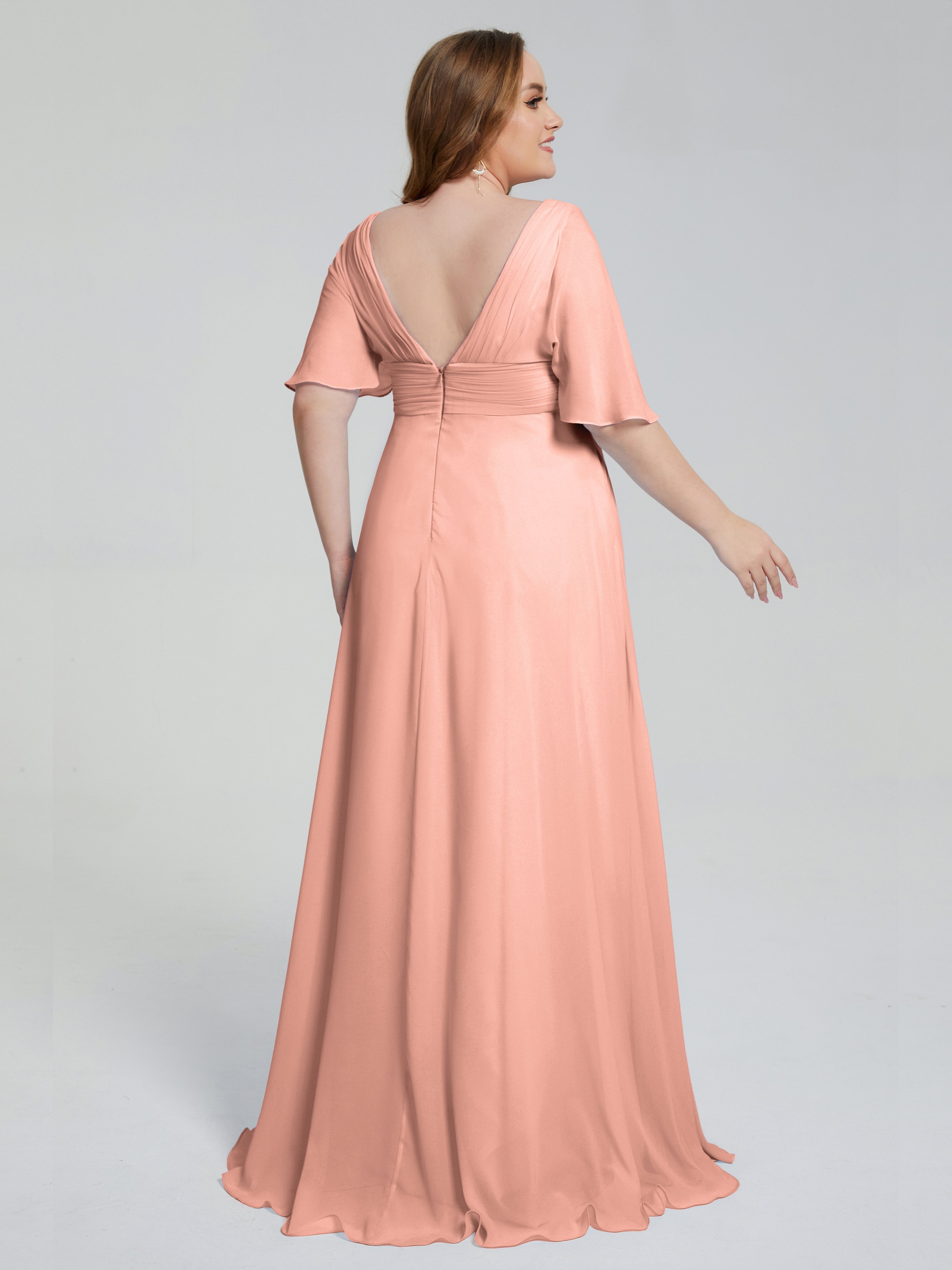 Robe Demoiselle D Honneur Corail Balayage Traîne Manches Courtes Mousseline Robes Demoiselle D'Honneur Grande Taille