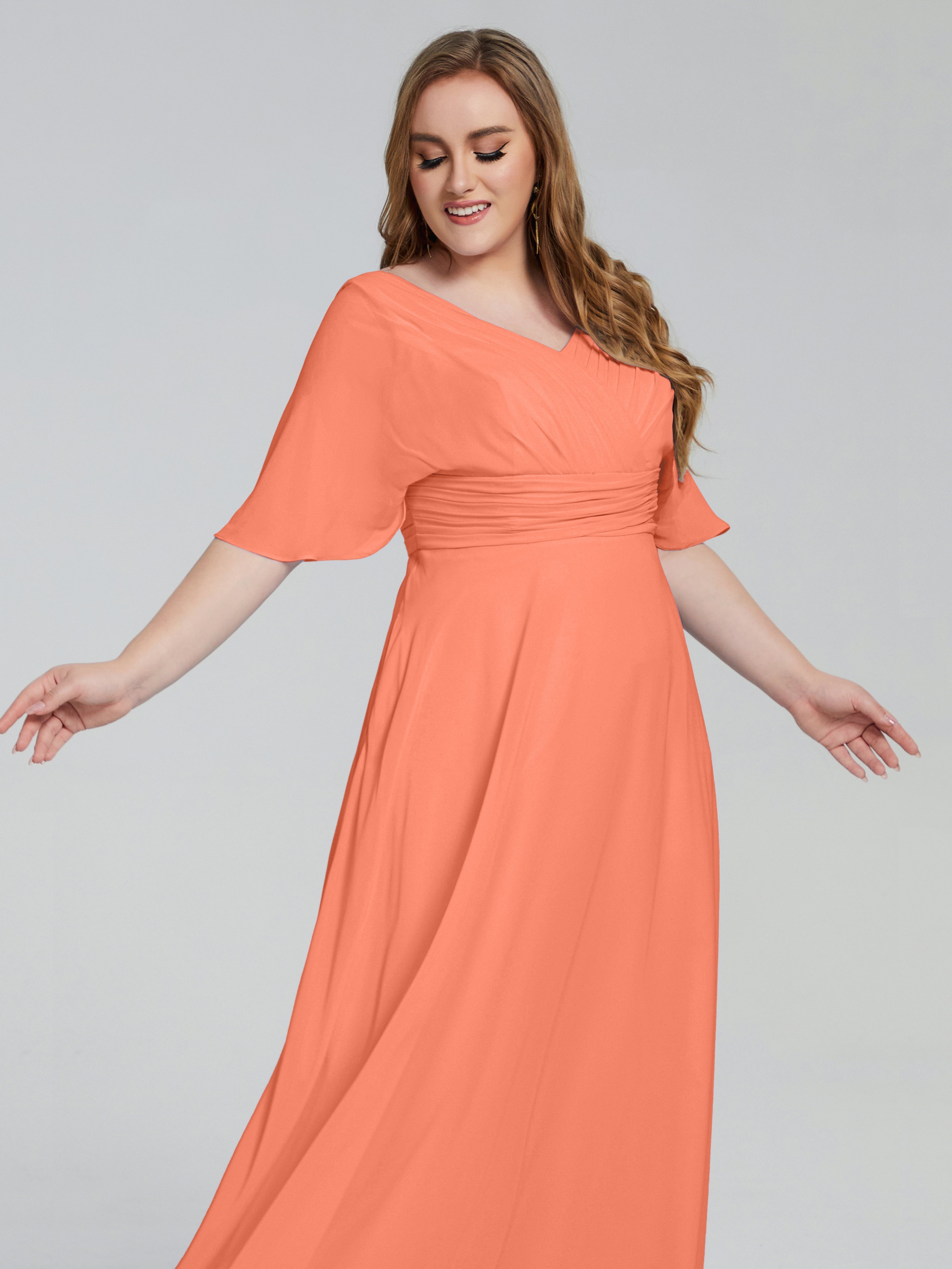 Robes De Demoiselle D'Honneur Coucher De Soleil Balayage Traîne Manches Courtes Mousseline Robes Demoiselle D'Honneur Grande Taille