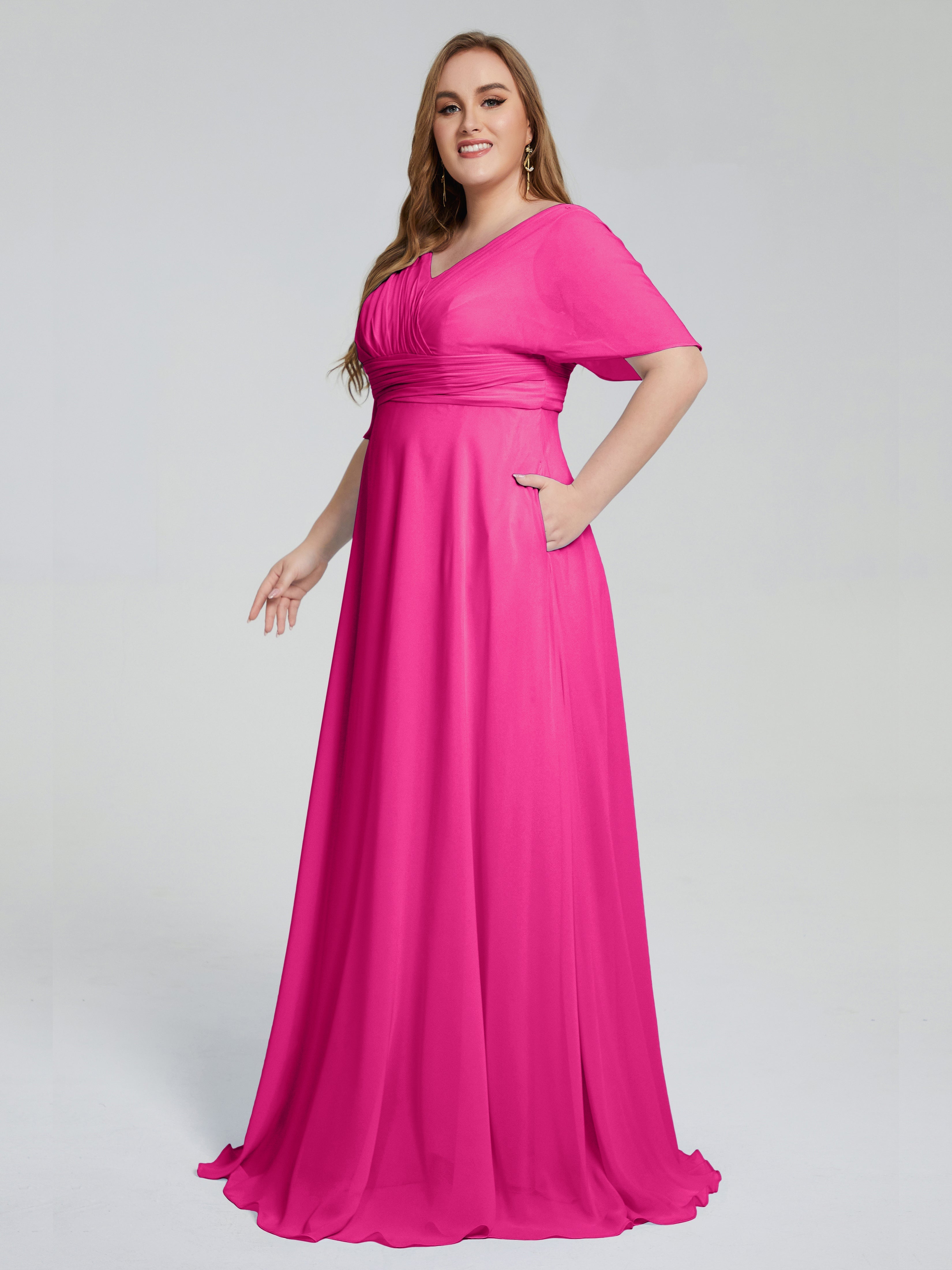 Robes De Demoiselle D'Honneur Couleur Rose Fuchsia Balayage Traîne Manches Courtes Mousseline Robes Demoiselle D'Honneur Grande Taille