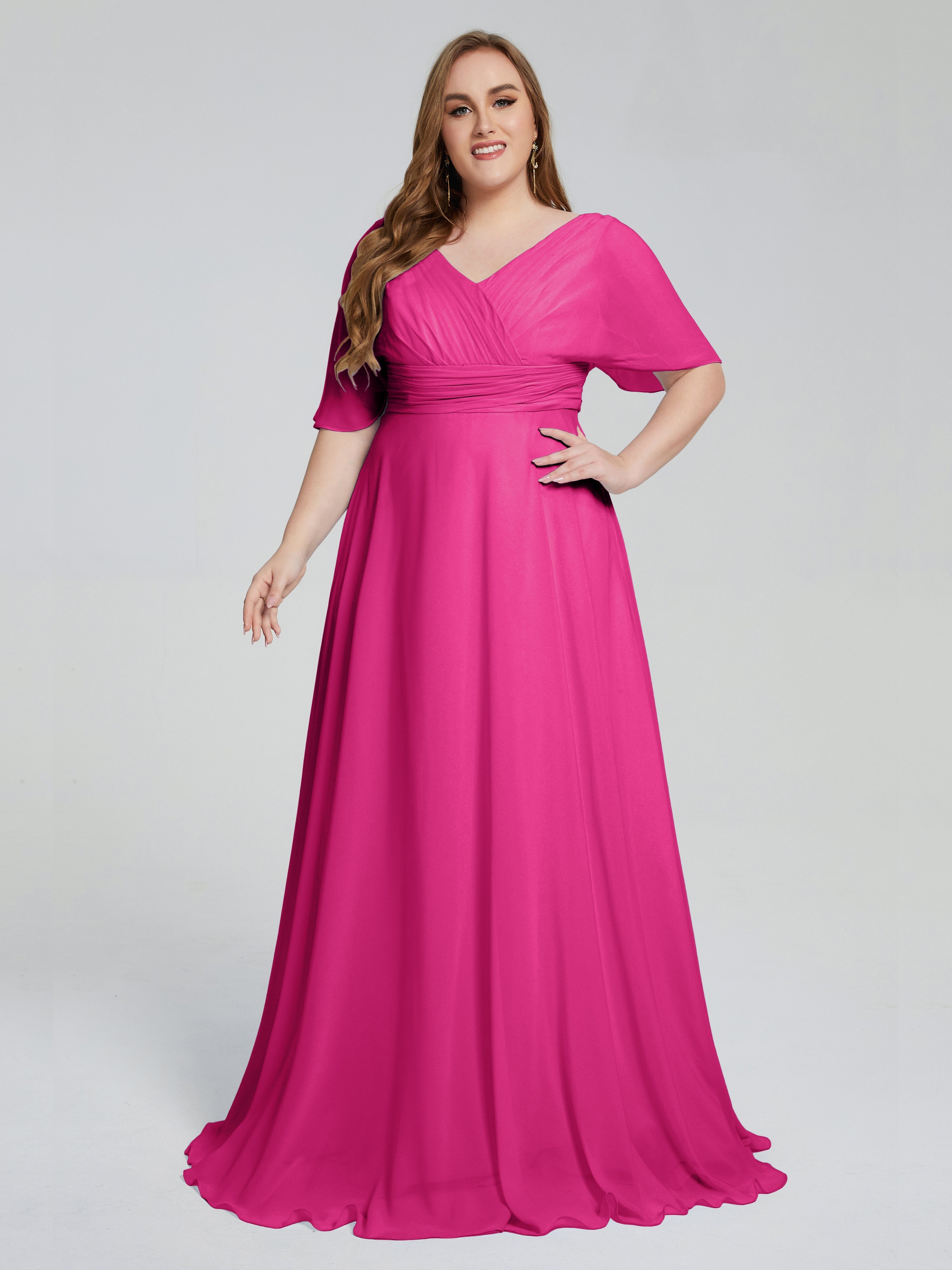 Robes De Demoiselle D'Honneur Couleur Rose Fuchsia Balayage Traîne Manches Courtes Mousseline Robes Demoiselle D'Honneur Grande Taille