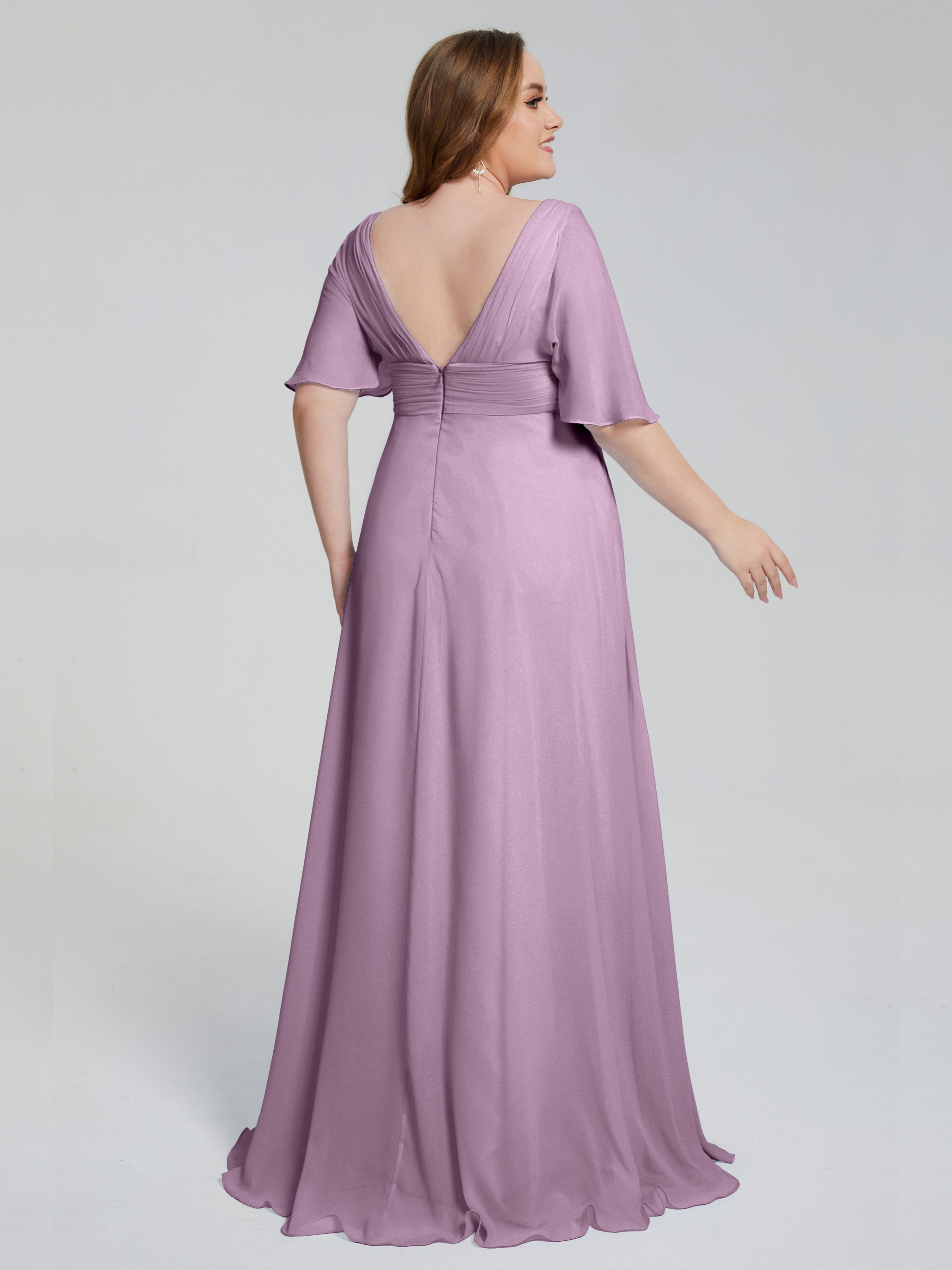 Robes De Demoiselle D'Honneur Glycine Balayage Traîne Manches Courtes Mousseline Robes Demoiselle D'Honneur Grande Taille