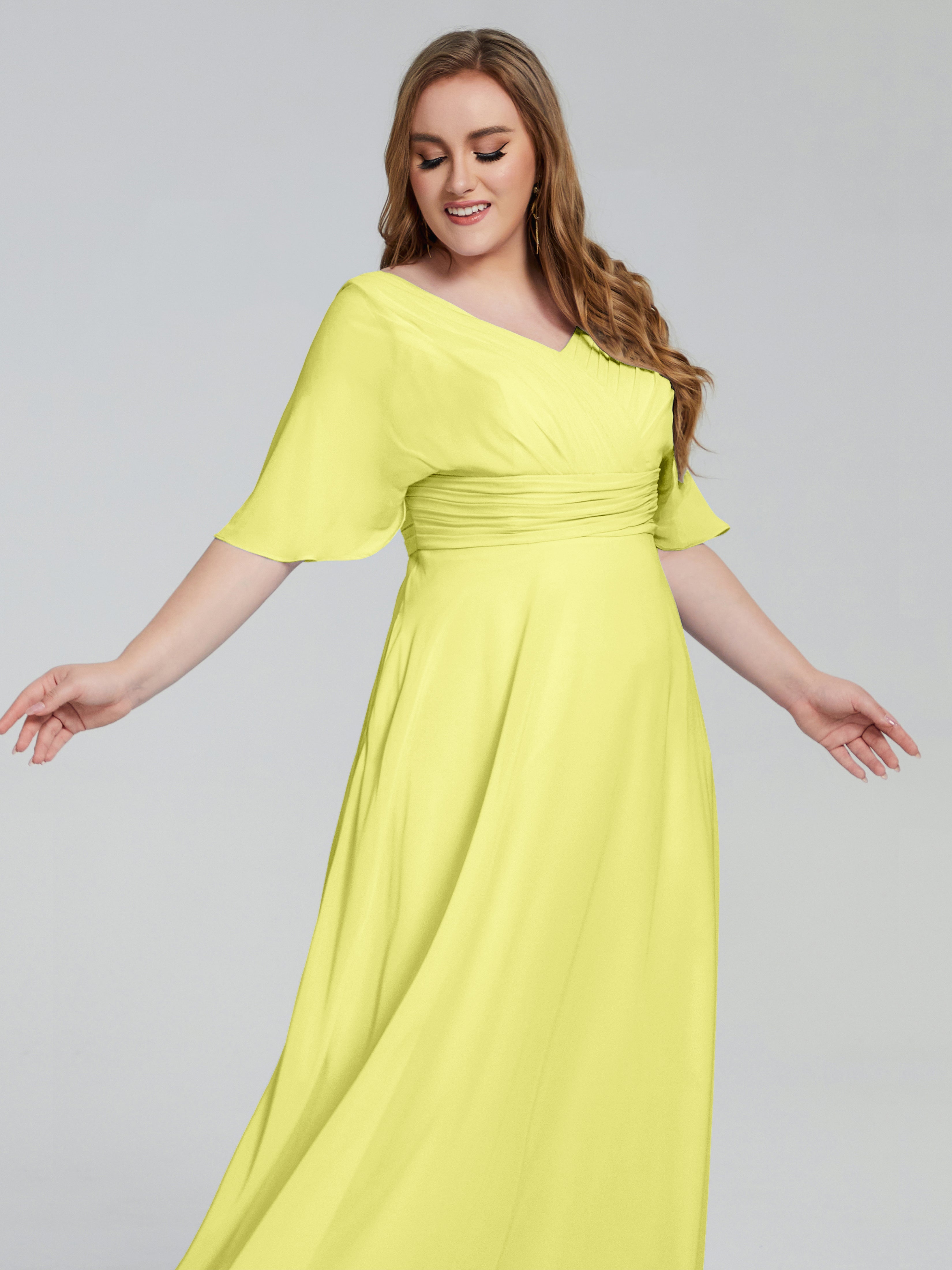 Robes De Demoiselle D'Honneur Jonquille Balayage Traîne Manches Courtes Mousseline Robes Demoiselle D'Honneur Grande Taille