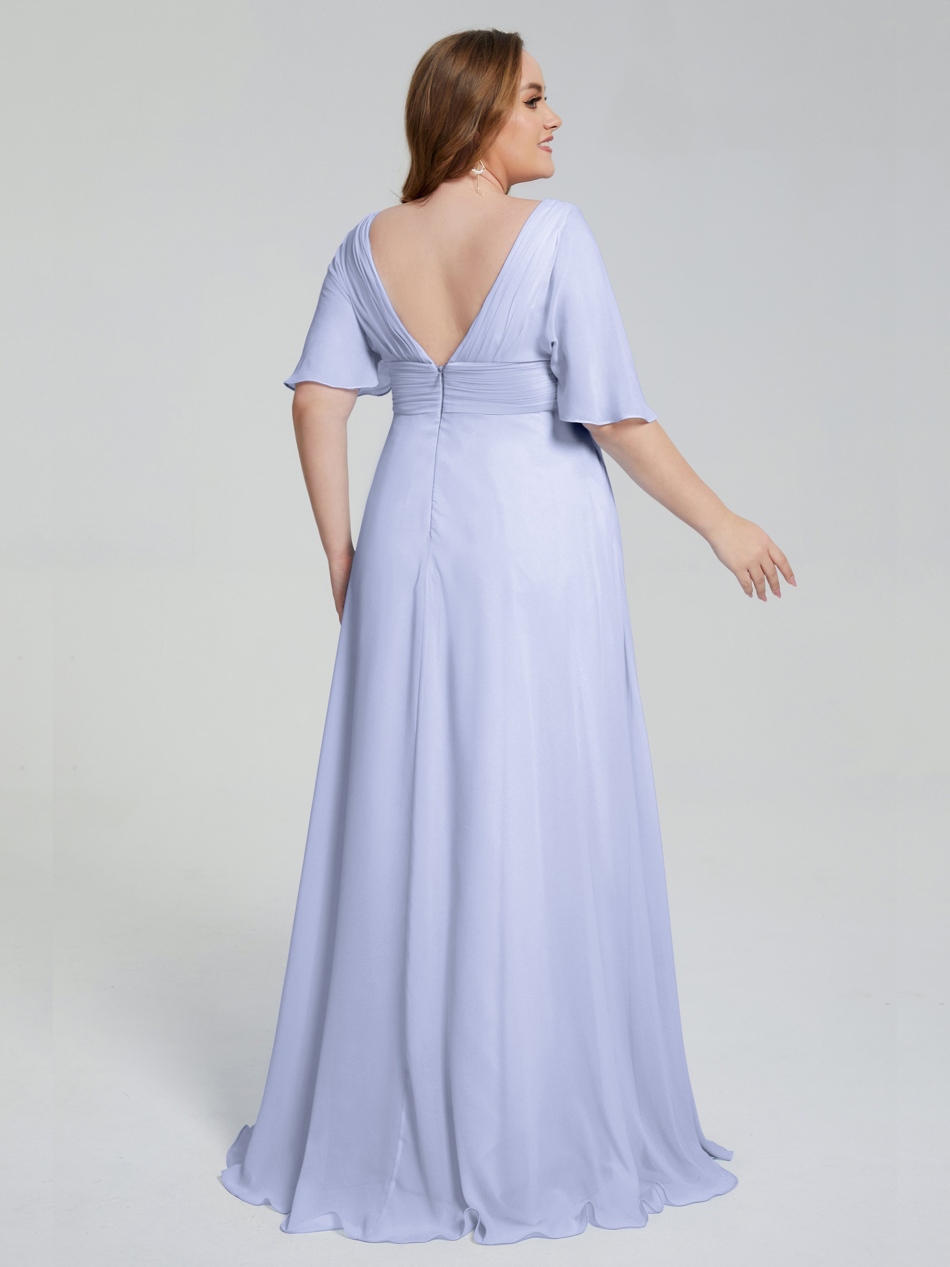 Robe De Demoiselle D'Honneur Lavande Balayage Traîne Manches Courtes Mousseline Robes Demoiselle D'Honneur Grande Taille