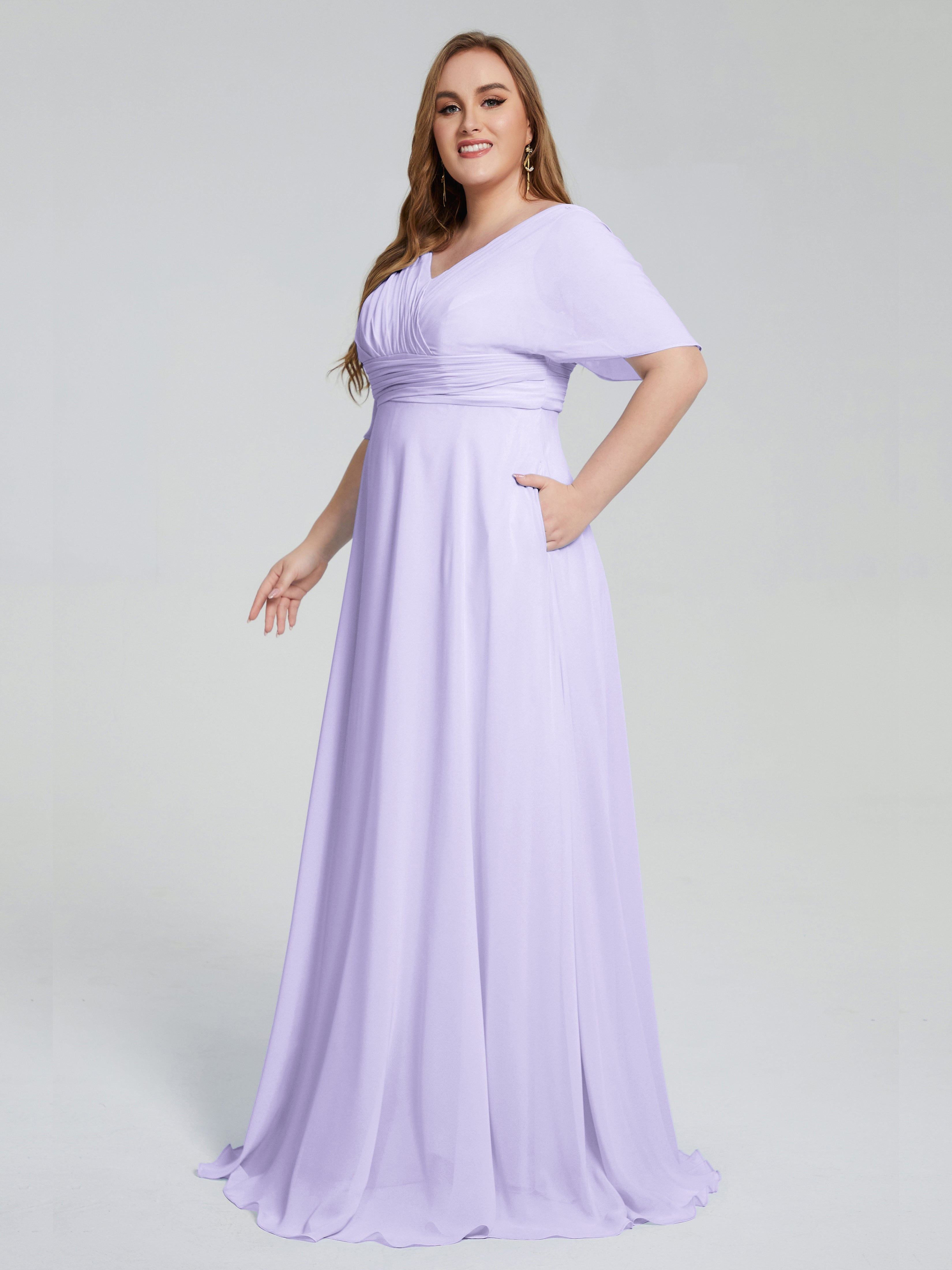Robe Demoiselle D Honneur Lilas Balayage Traîne Manches Courtes Mousseline Robes Demoiselle D'Honneur Grande Taille