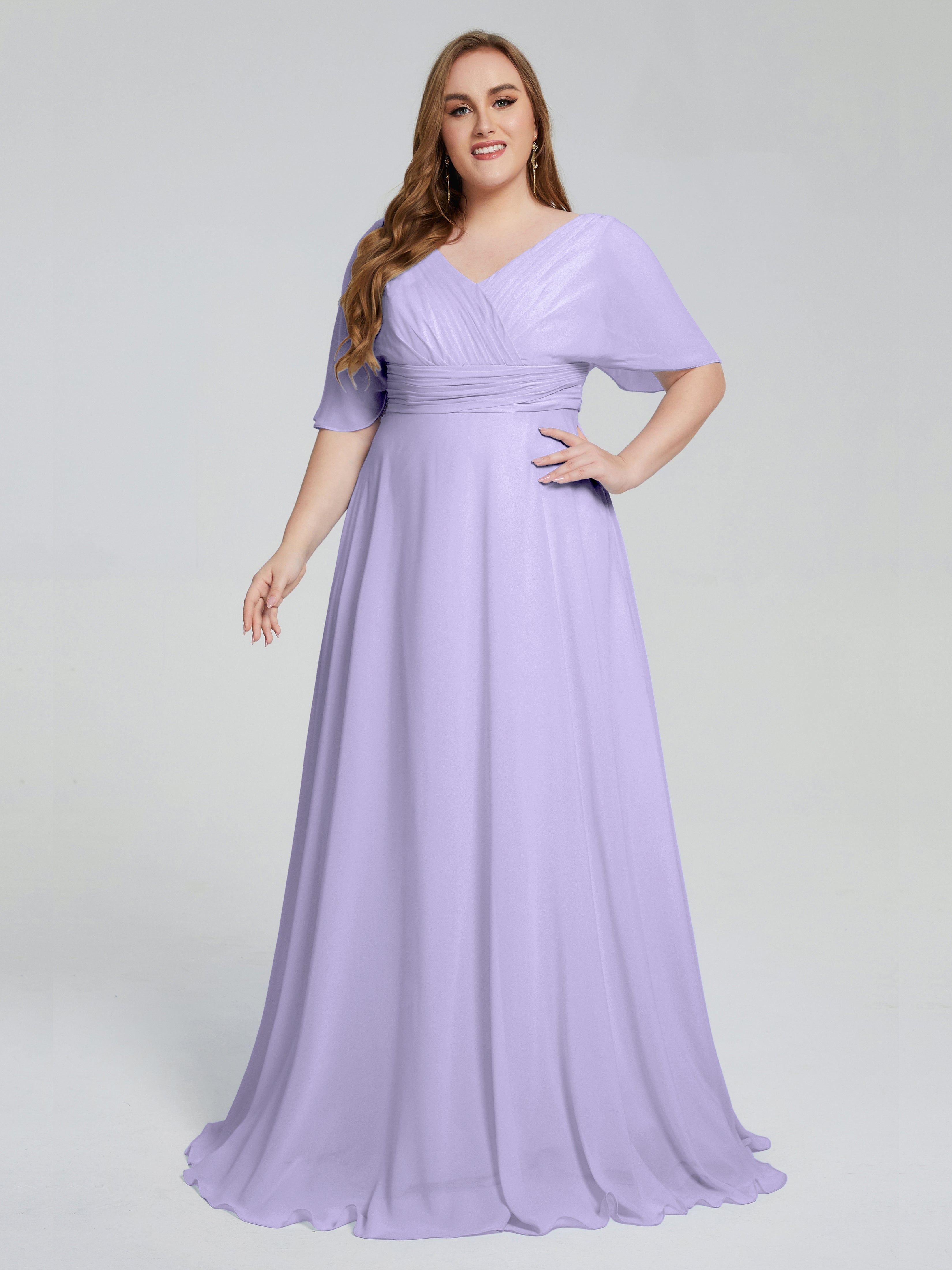 Robe Demoiselle D Honneur Lilas Balayage Traîne Manches Courtes Mousseline Robes Demoiselle D'Honneur Grande Taille