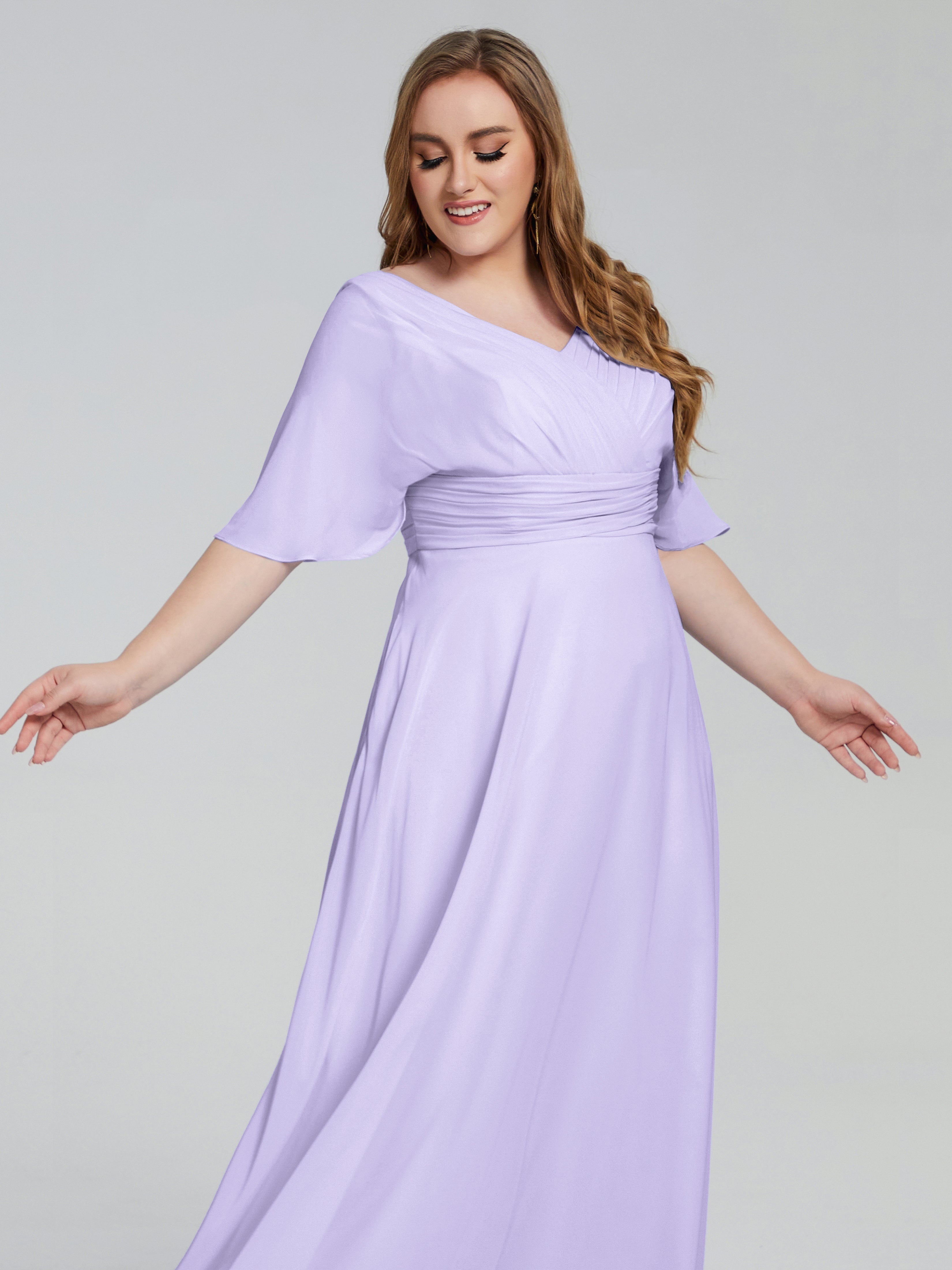 Robe Demoiselle D Honneur Lilas Balayage Traîne Manches Courtes Mousseline Robes Demoiselle D'Honneur Grande Taille