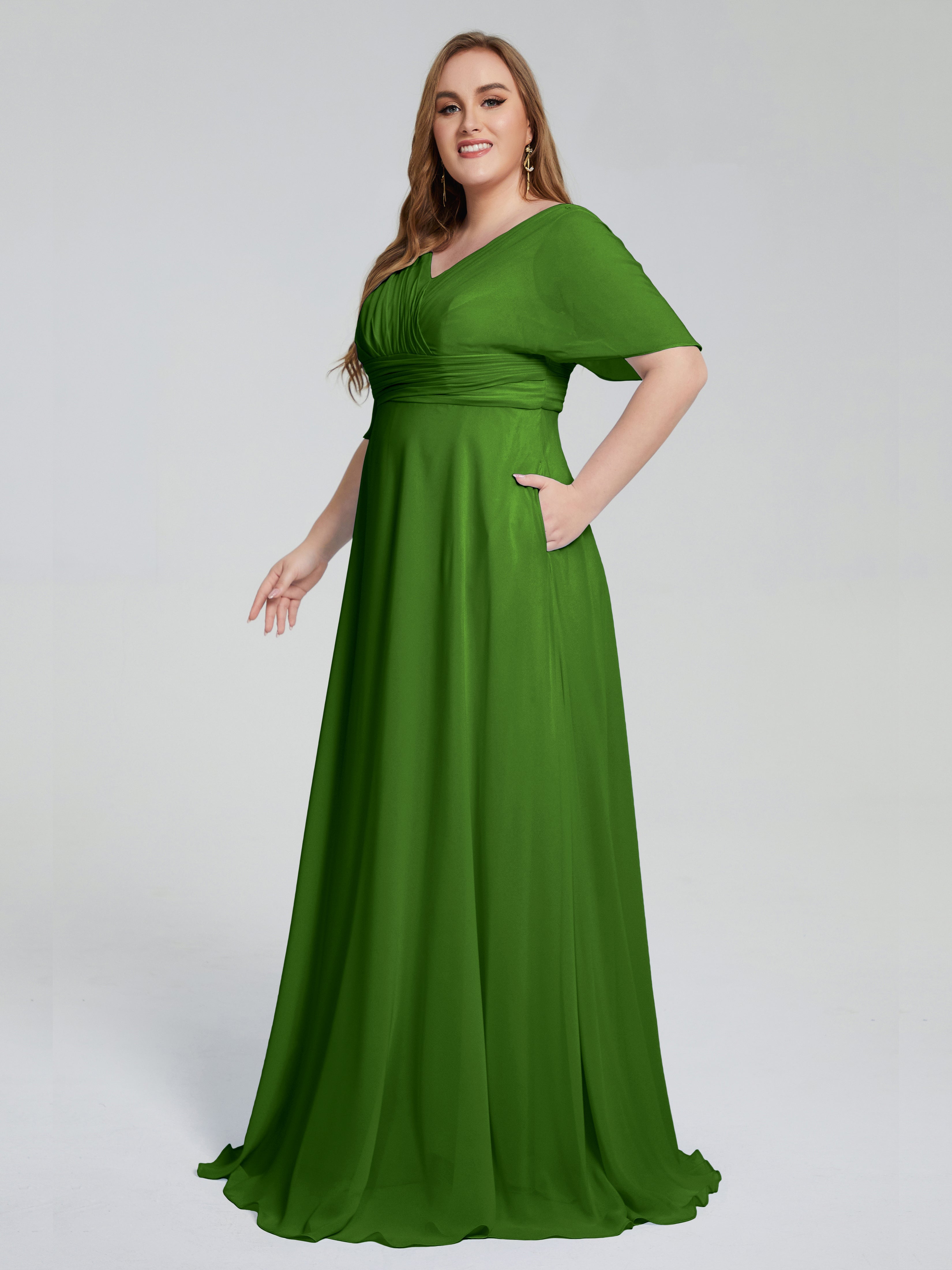 Robes De Demoiselle D'Honneur Mousse Balayage Traîne Manches Courtes Mousseline Robes Demoiselle D'Honneur Grande Taille