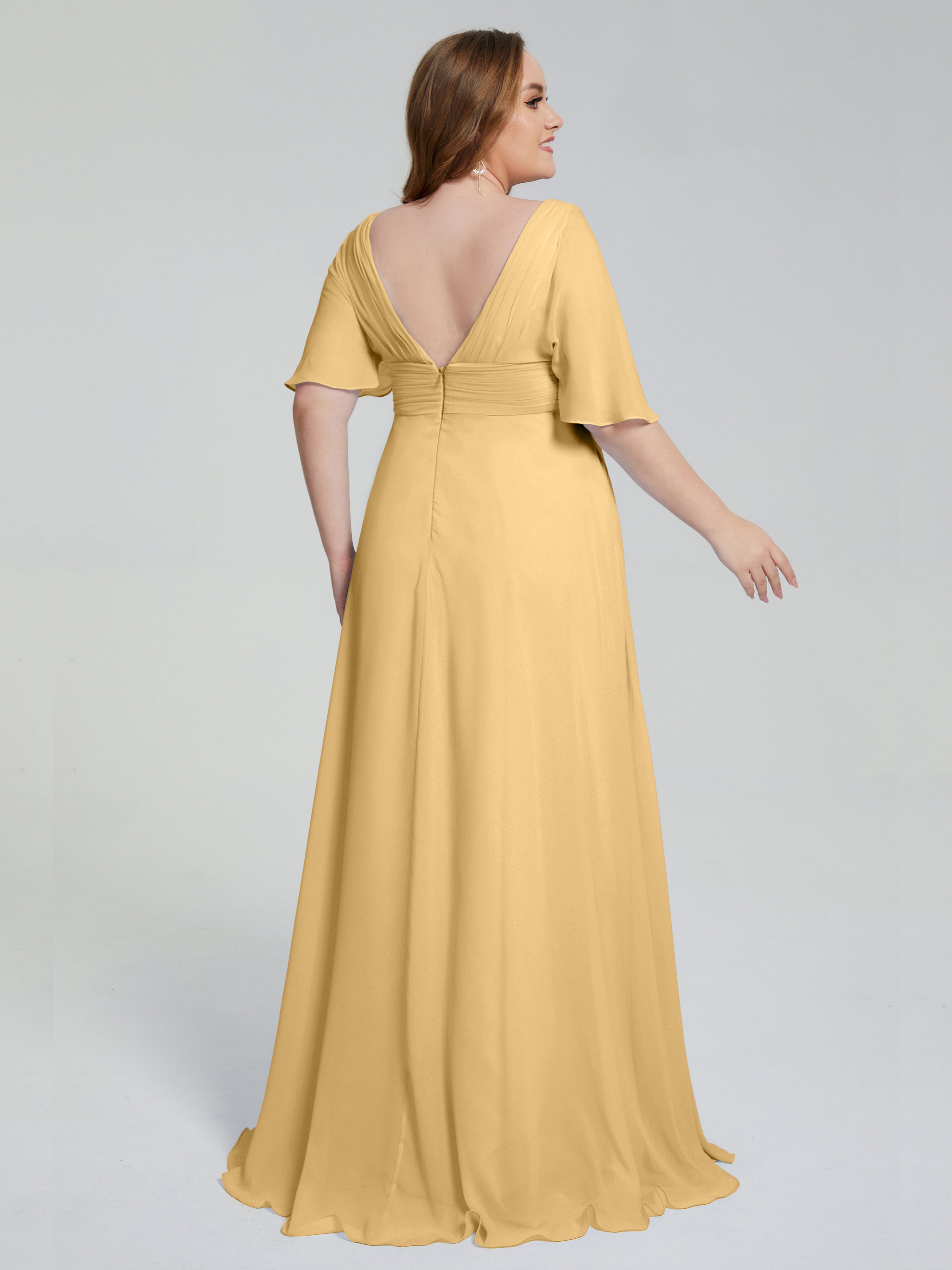 Longues Robes De Demoiselle D'Honneur En Or Balayage Traîne Manches Courtes Mousseline Robes Demoiselle D'Honneur Grande Taille