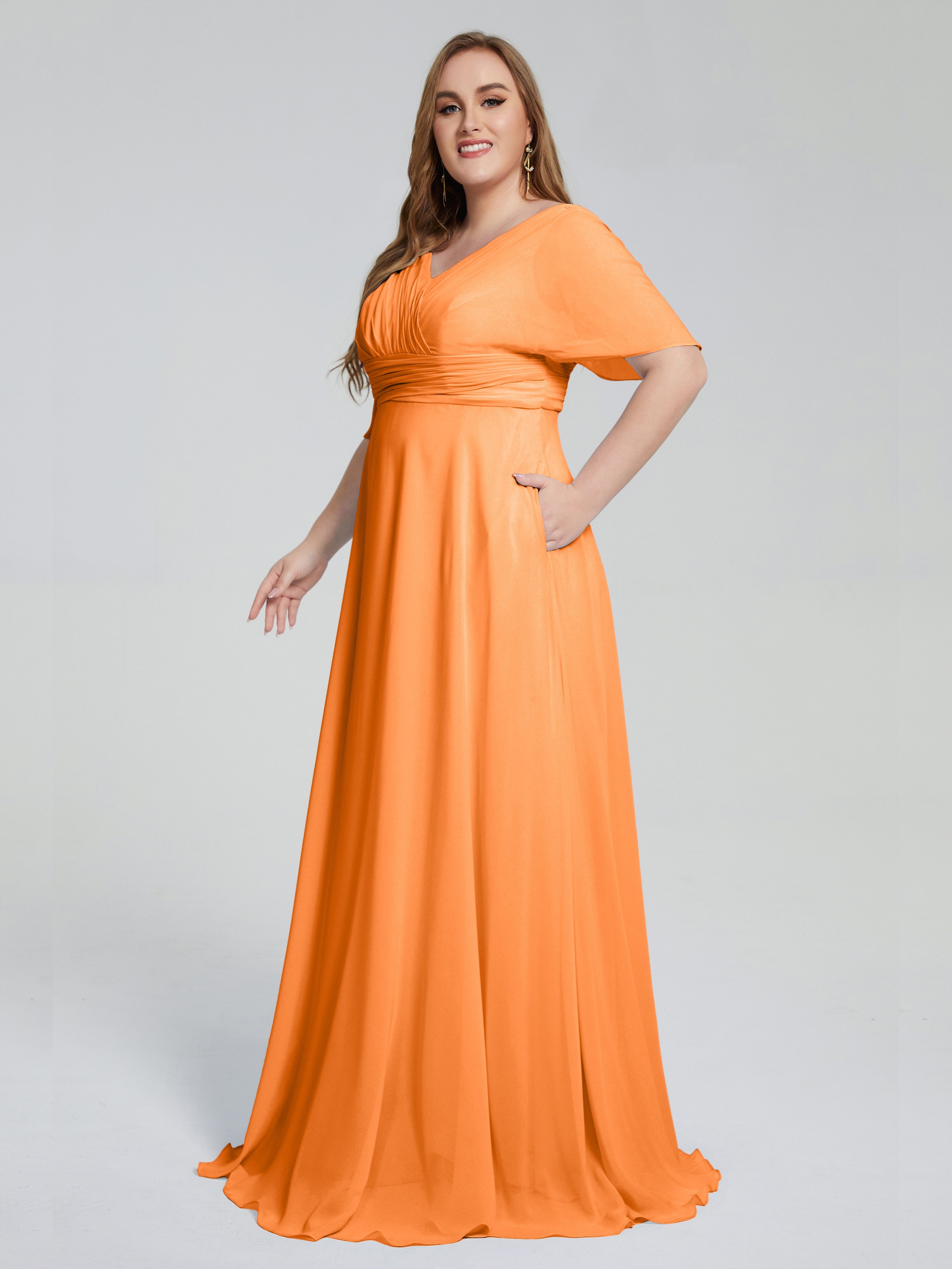Robes De Demoiselle D'Honneur Orange Balayage Traîne Manches Courtes Mousseline Robes Demoiselle D'Honneur Grande Taille