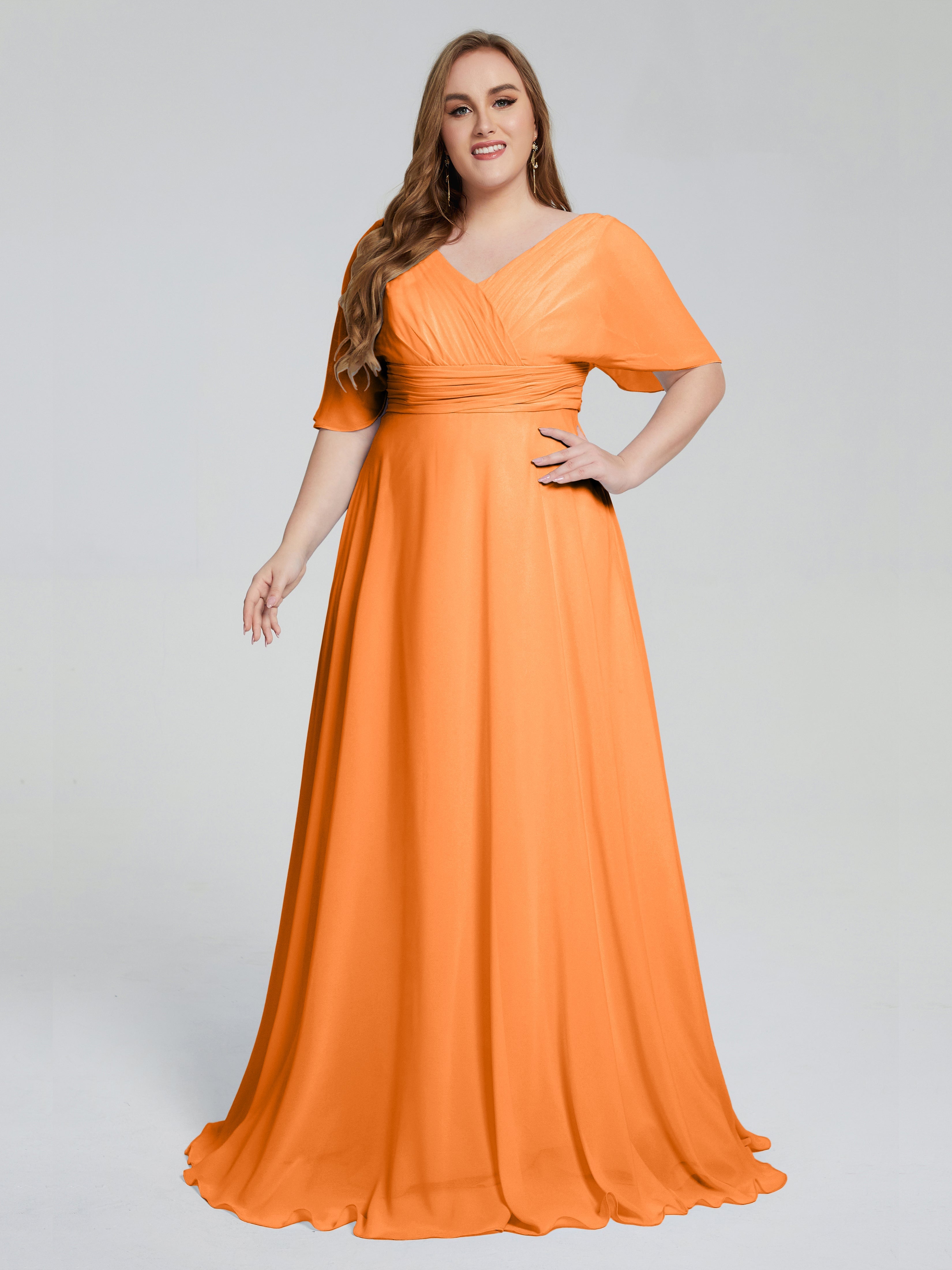 Robes De Demoiselle D'Honneur Orange Balayage Traîne Manches Courtes Mousseline Robes Demoiselle D'Honneur Grande Taille