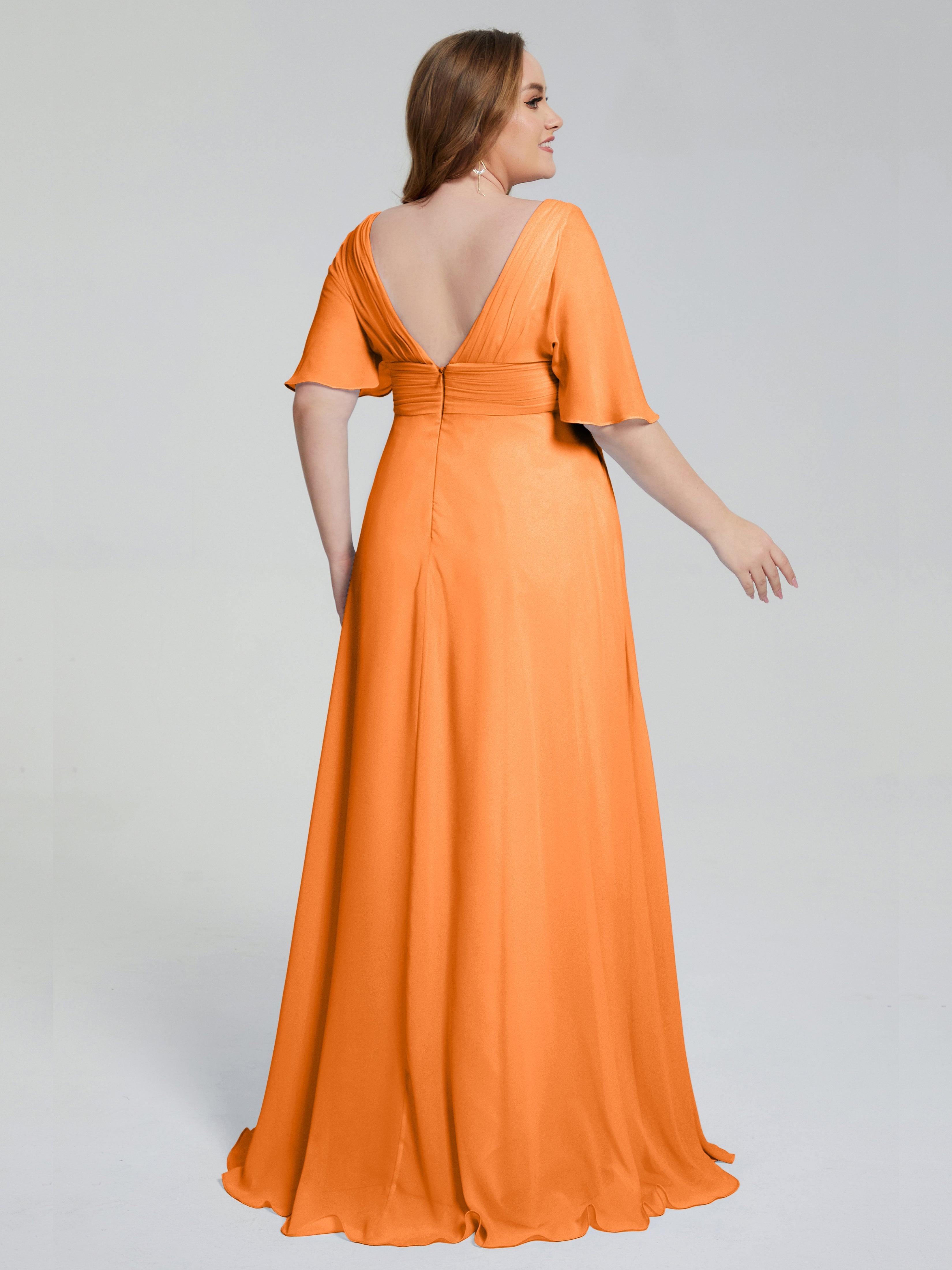 Robes De Demoiselle D'Honneur Orange Balayage Traîne Manches Courtes Mousseline Robes Demoiselle D'Honneur Grande Taille