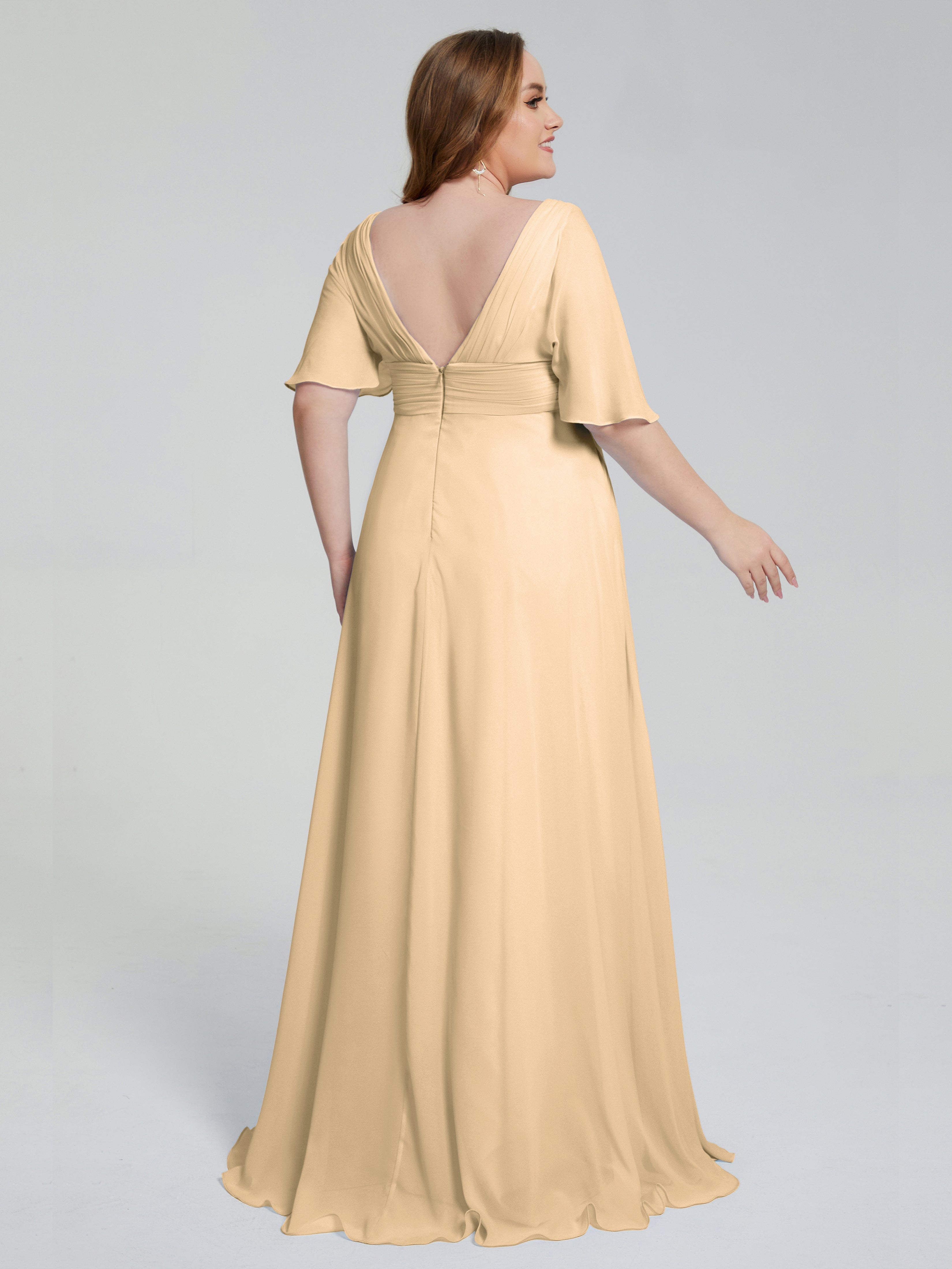 Robe Pêche Demoiselle D Honneur Balayage Traîne Manches Courtes Mousseline Robes Demoiselle D'Honneur Grande Taille