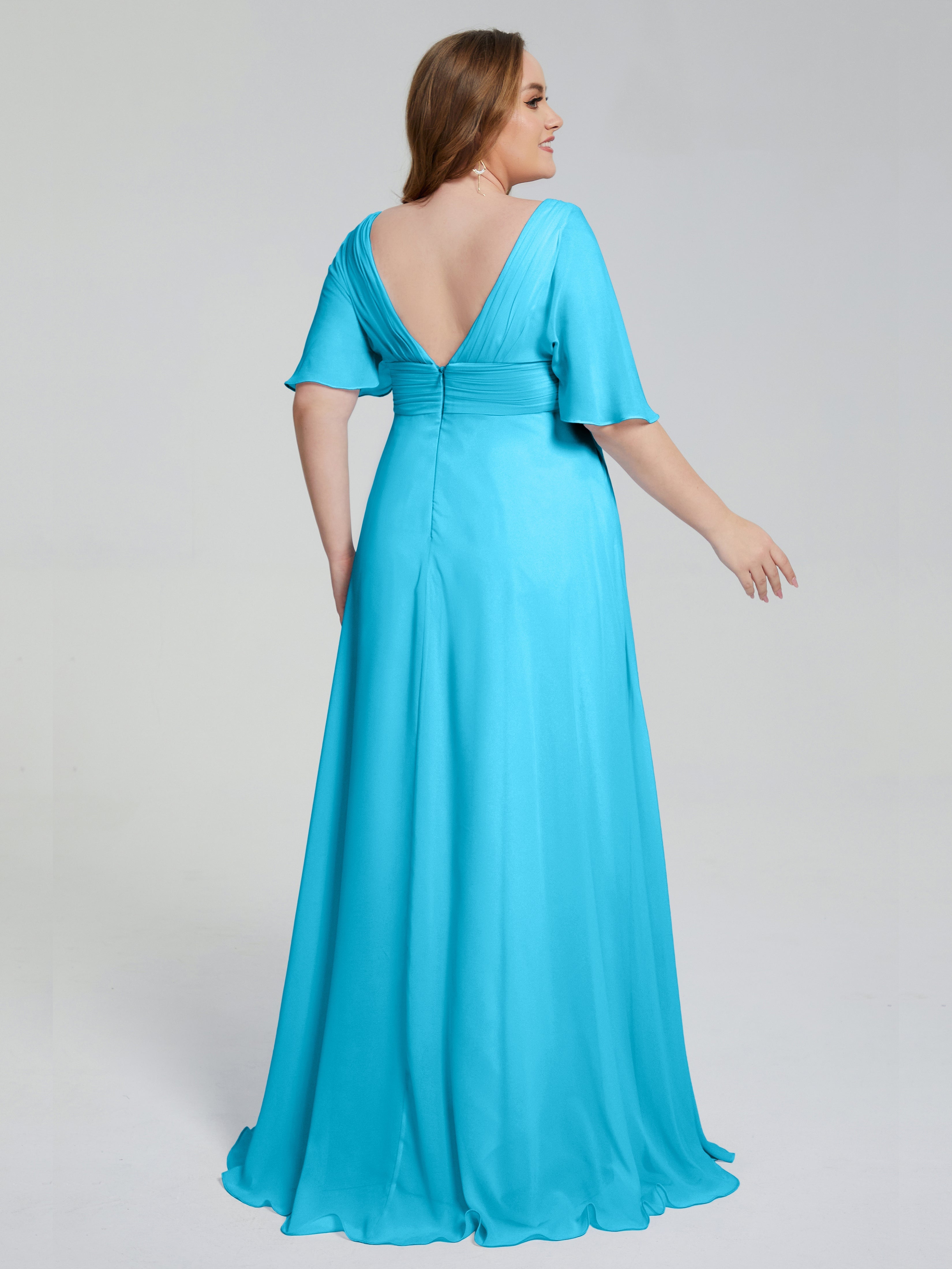 Robe De Demoiselle D'Honneur En Piscine Balayage Traîne Manches Courtes Mousseline Robes Demoiselle D'Honneur Grande Taille
