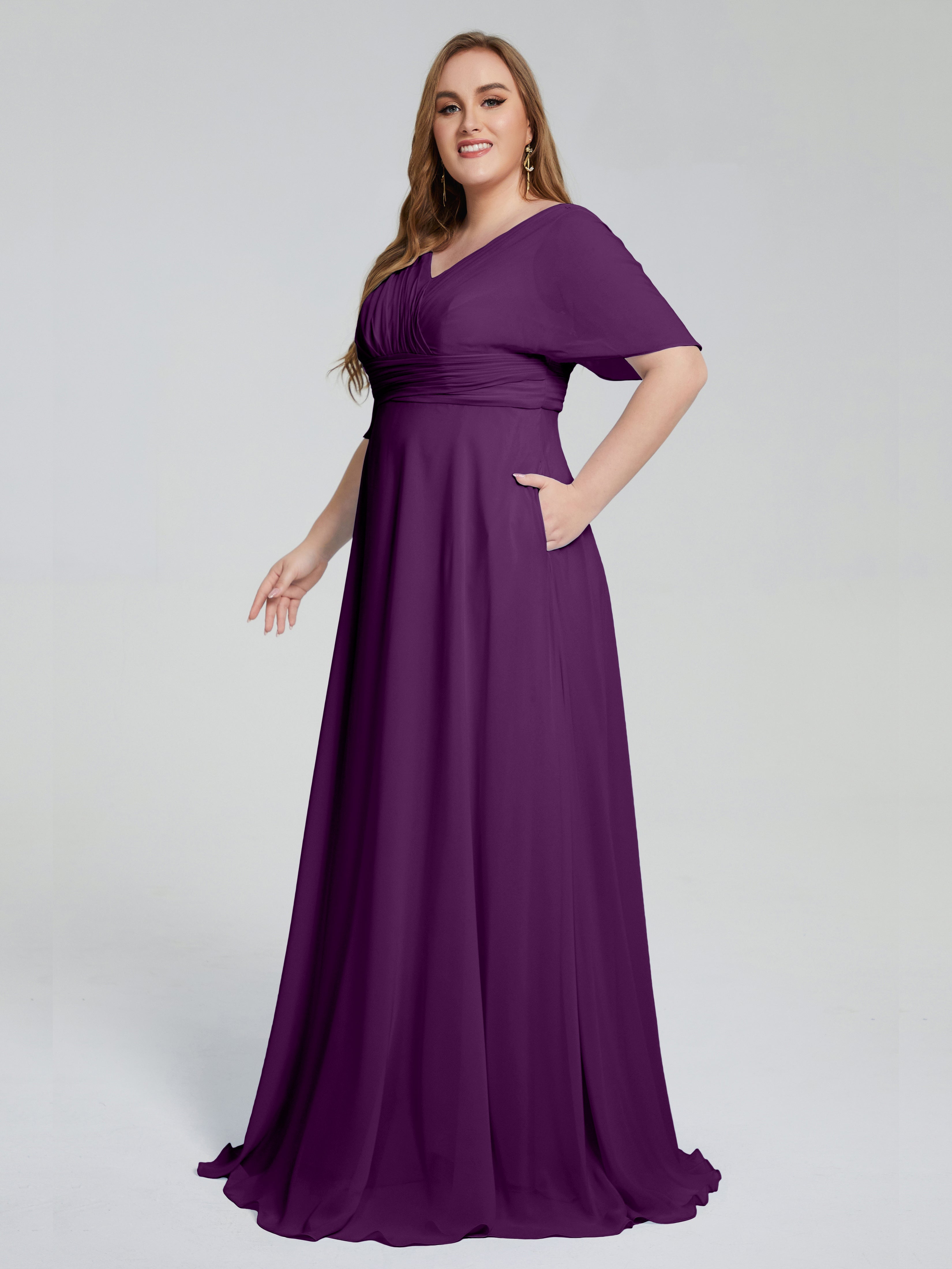 Robes De Demoiselle D'Honneur En Raisin Balayage Traîne Manches Courtes Mousseline Robes Demoiselle D'Honneur Grande Taille