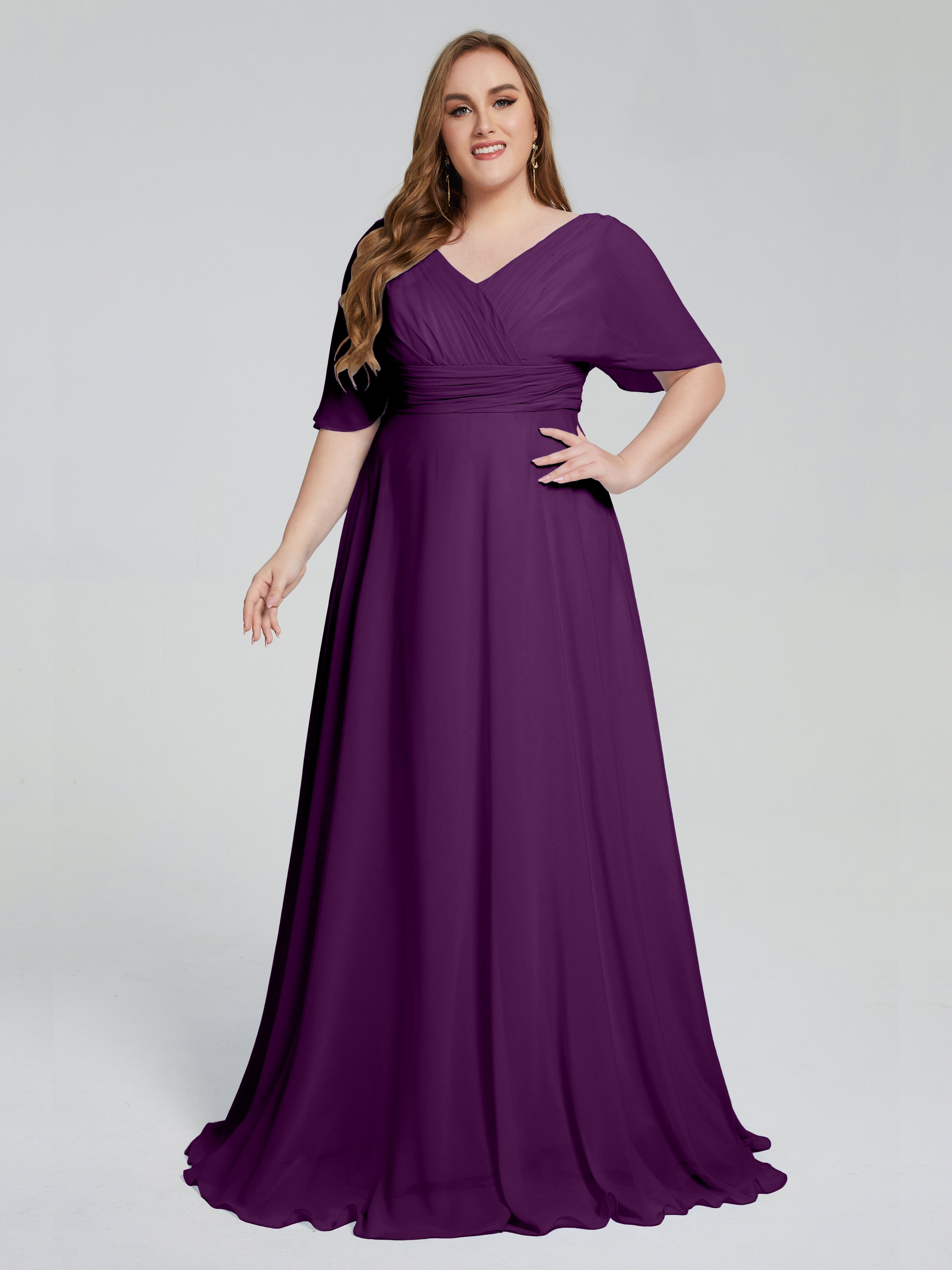 Robes De Demoiselle D'Honneur En Raisin Balayage Traîne Manches Courtes Mousseline Robes Demoiselle D'Honneur Grande Taille