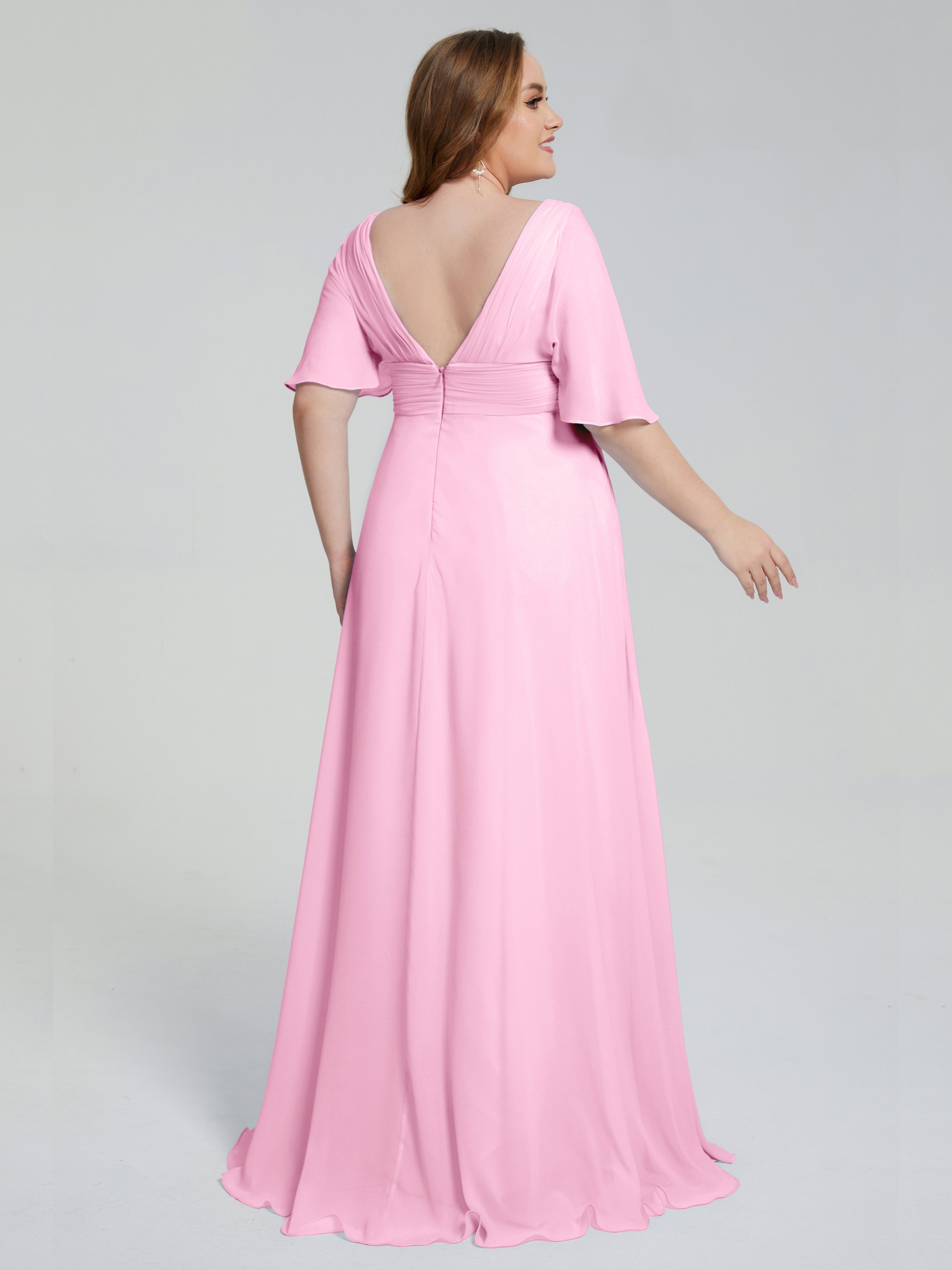 Robe Demoiselle D Honneur Rose Bonbon Balayage Traîne Manches Courtes Mousseline Robes Demoiselle D'Honneur Grande Taille