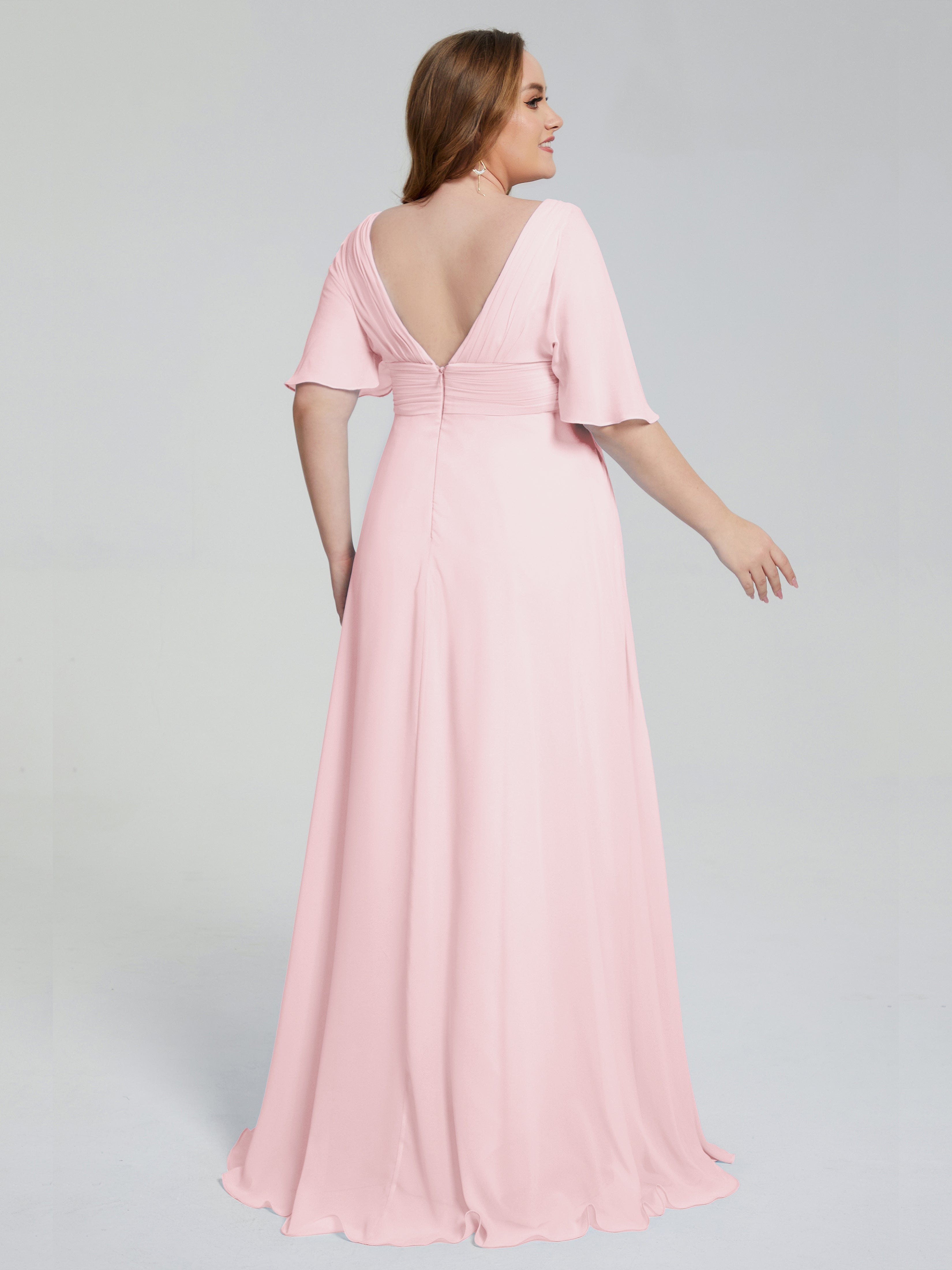Robe Demoiselle D Honneur Rose Pale Balayage Traîne Manches Courtes Mousseline Robes Demoiselle D'Honneur Grande Taille
