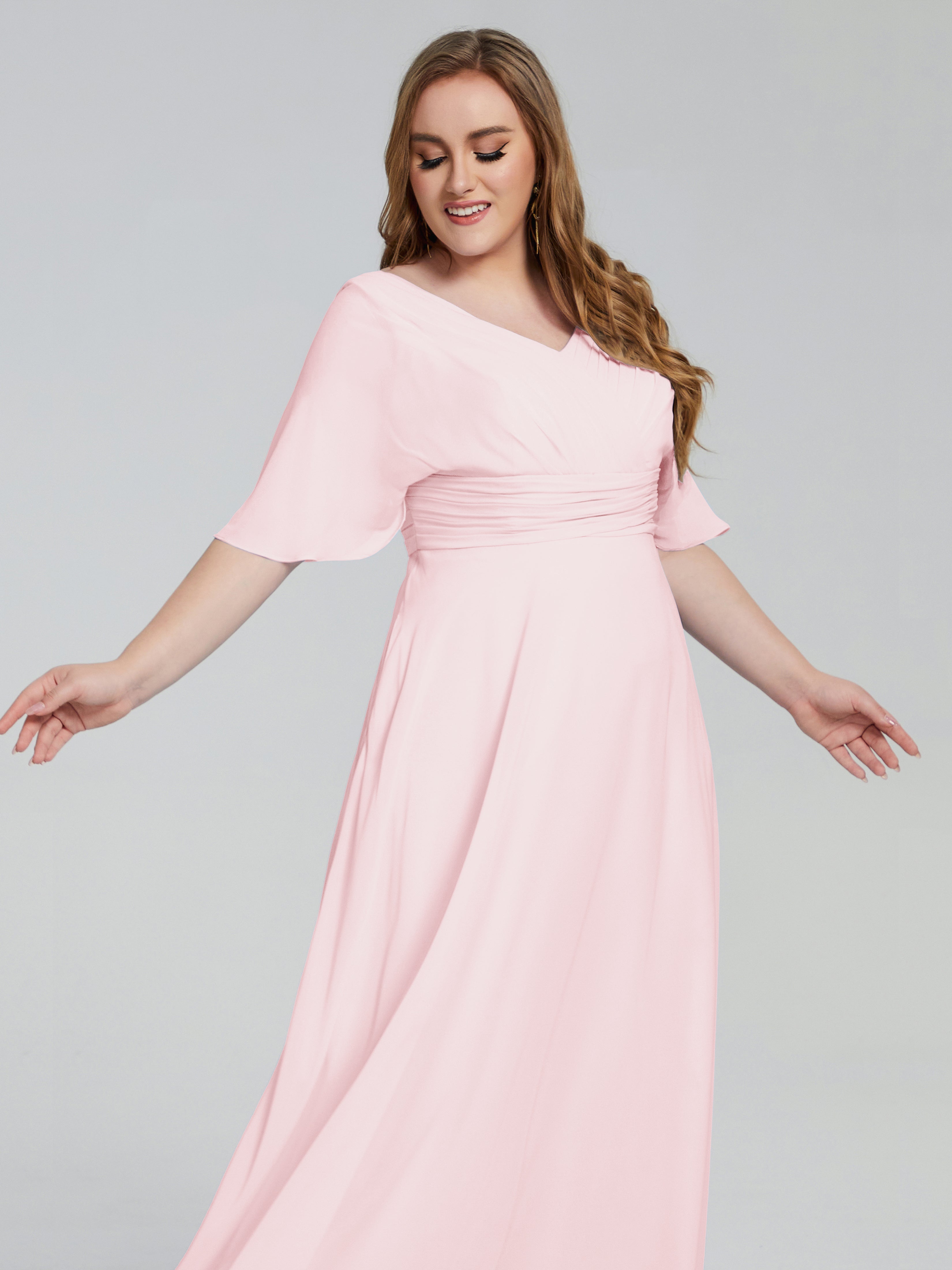 Robe Demoiselle D Honneur Rose Pale Balayage Traîne Manches Courtes Mousseline Robes Demoiselle D'Honneur Grande Taille