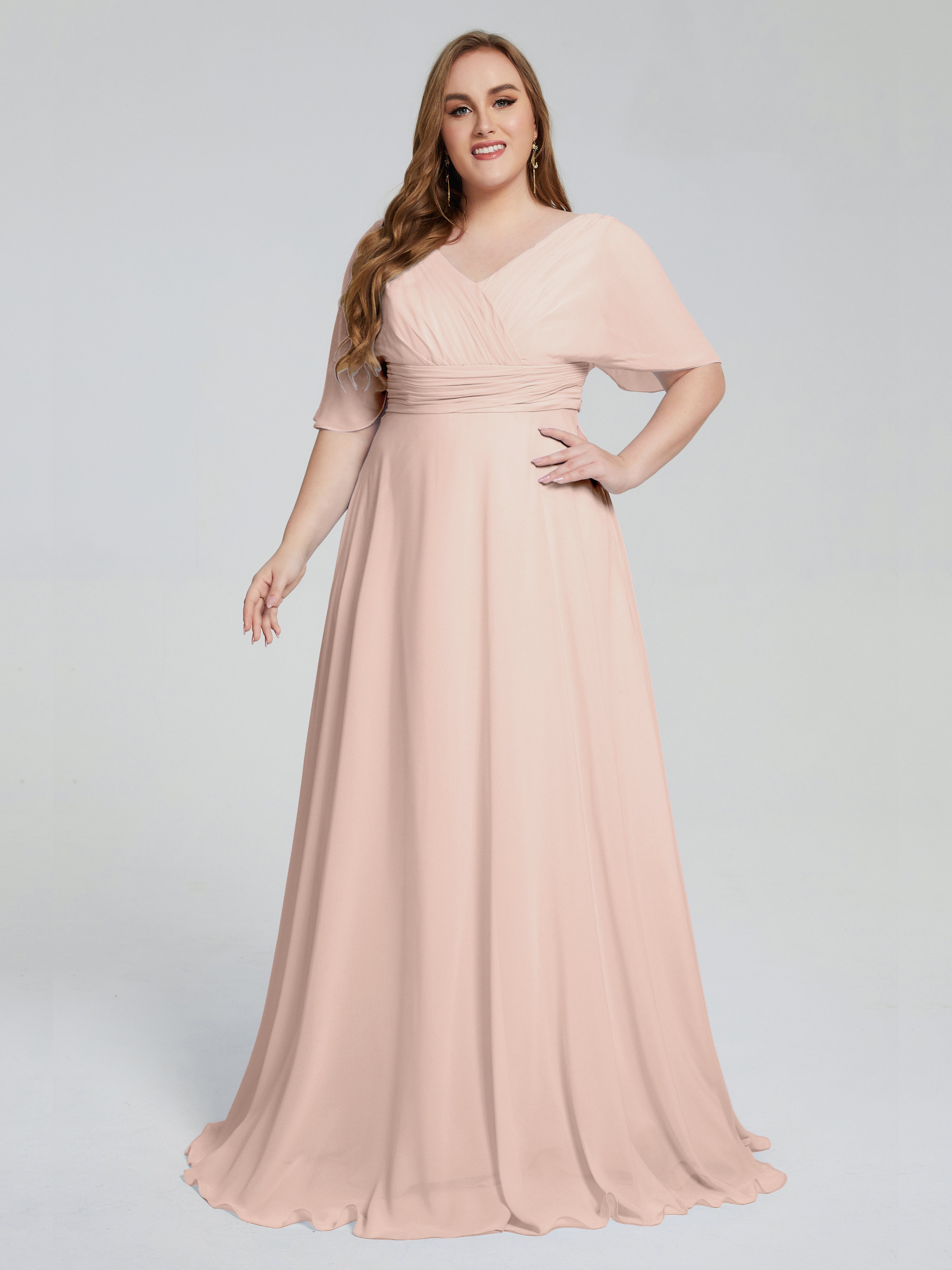 Robe Demoiselle D Honneur Rose Perle Balayage Traîne Manches Courtes Mousseline Robes Demoiselle D'Honneur Grande Taille