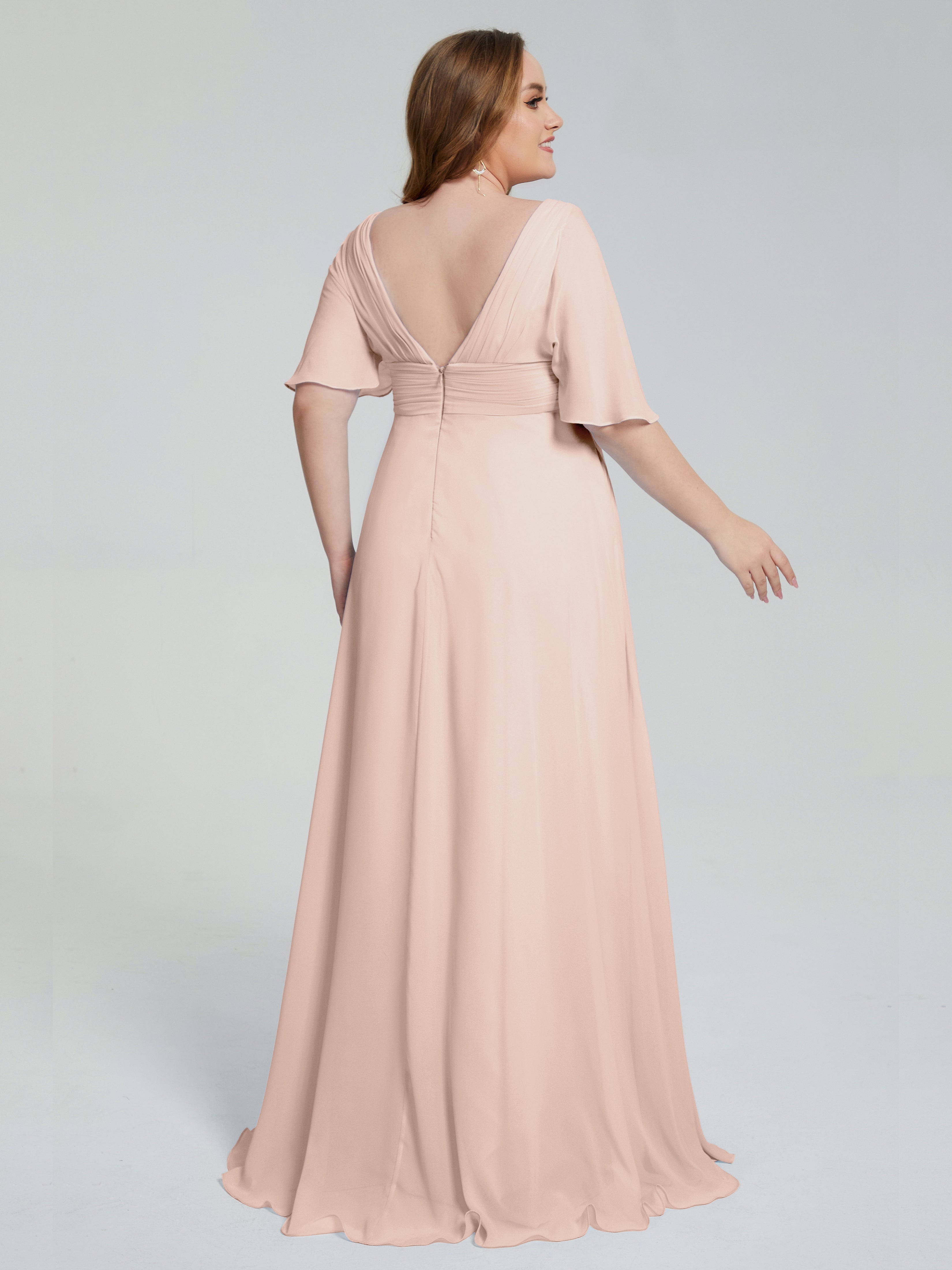 Robe Demoiselle D Honneur Rose Perle Balayage Traîne Manches Courtes Mousseline Robes Demoiselle D'Honneur Grande Taille