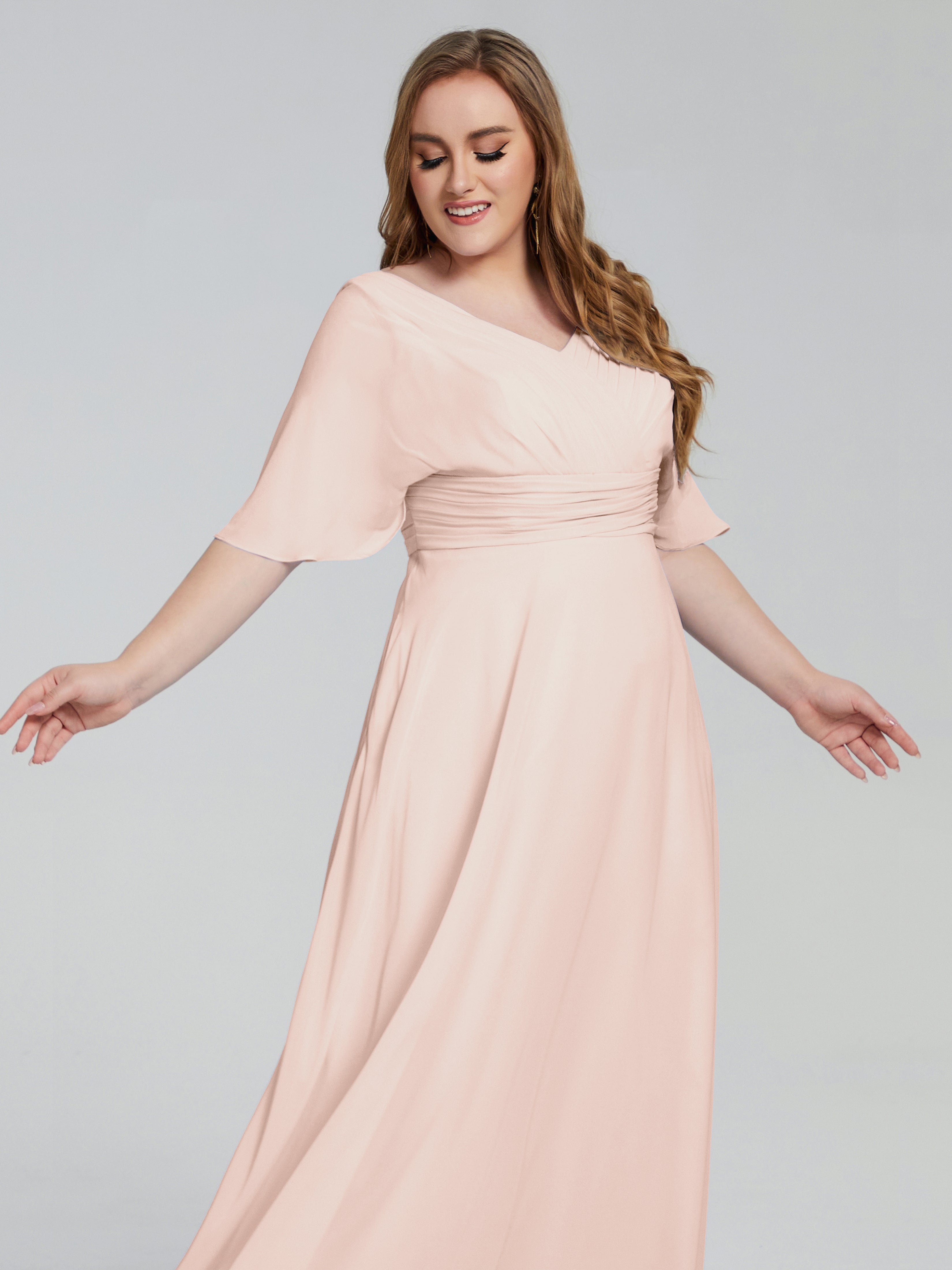 Robe Demoiselle D Honneur Rose Perle Balayage Traîne Manches Courtes Mousseline Robes Demoiselle D'Honneur Grande Taille