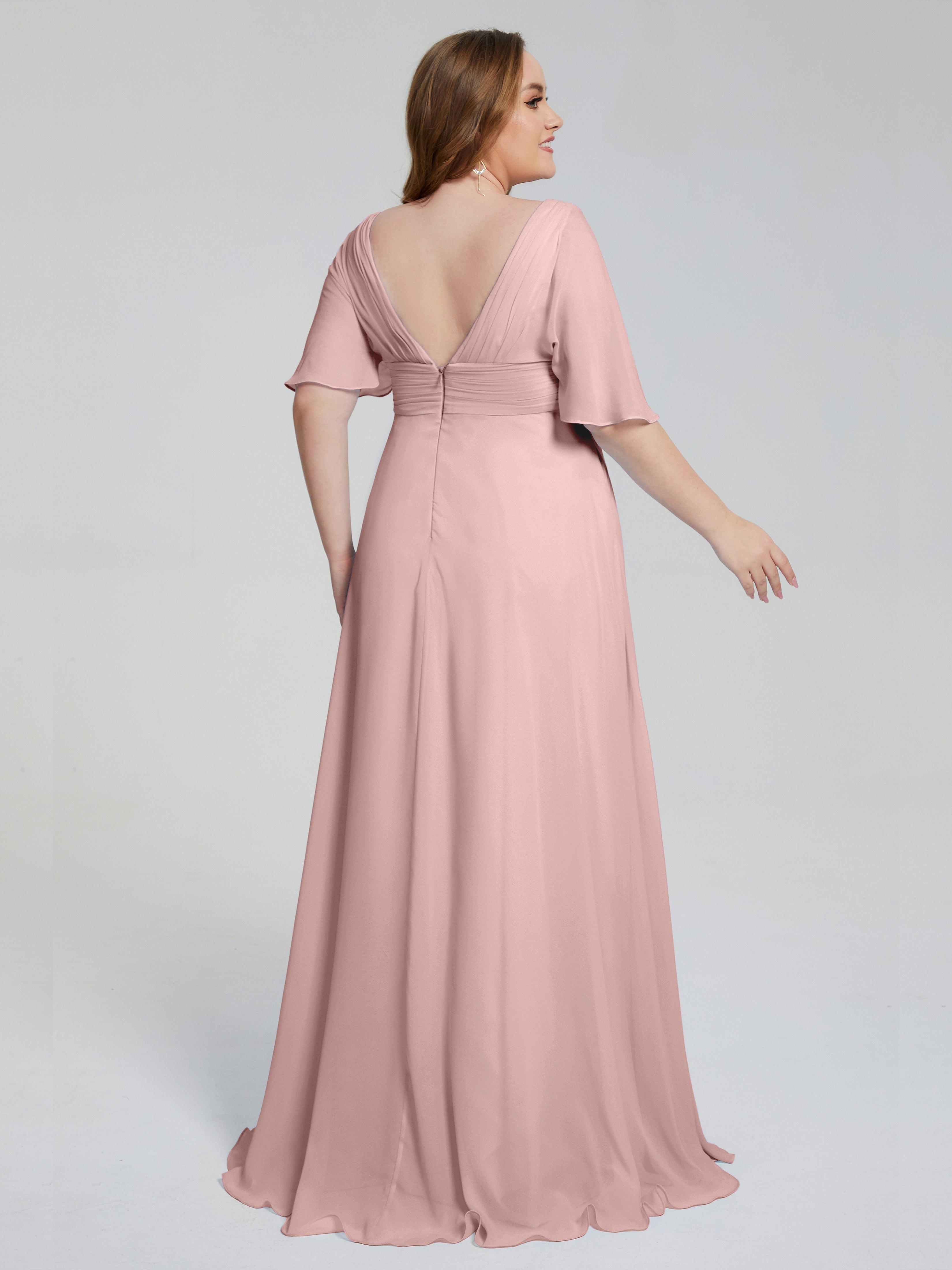 Robes De Demoiselle D'Honneur Couleur Rose Poudrée Balayage Traîne Manches Courtes Mousseline Robes Demoiselle D'Honneur Grande Taille
