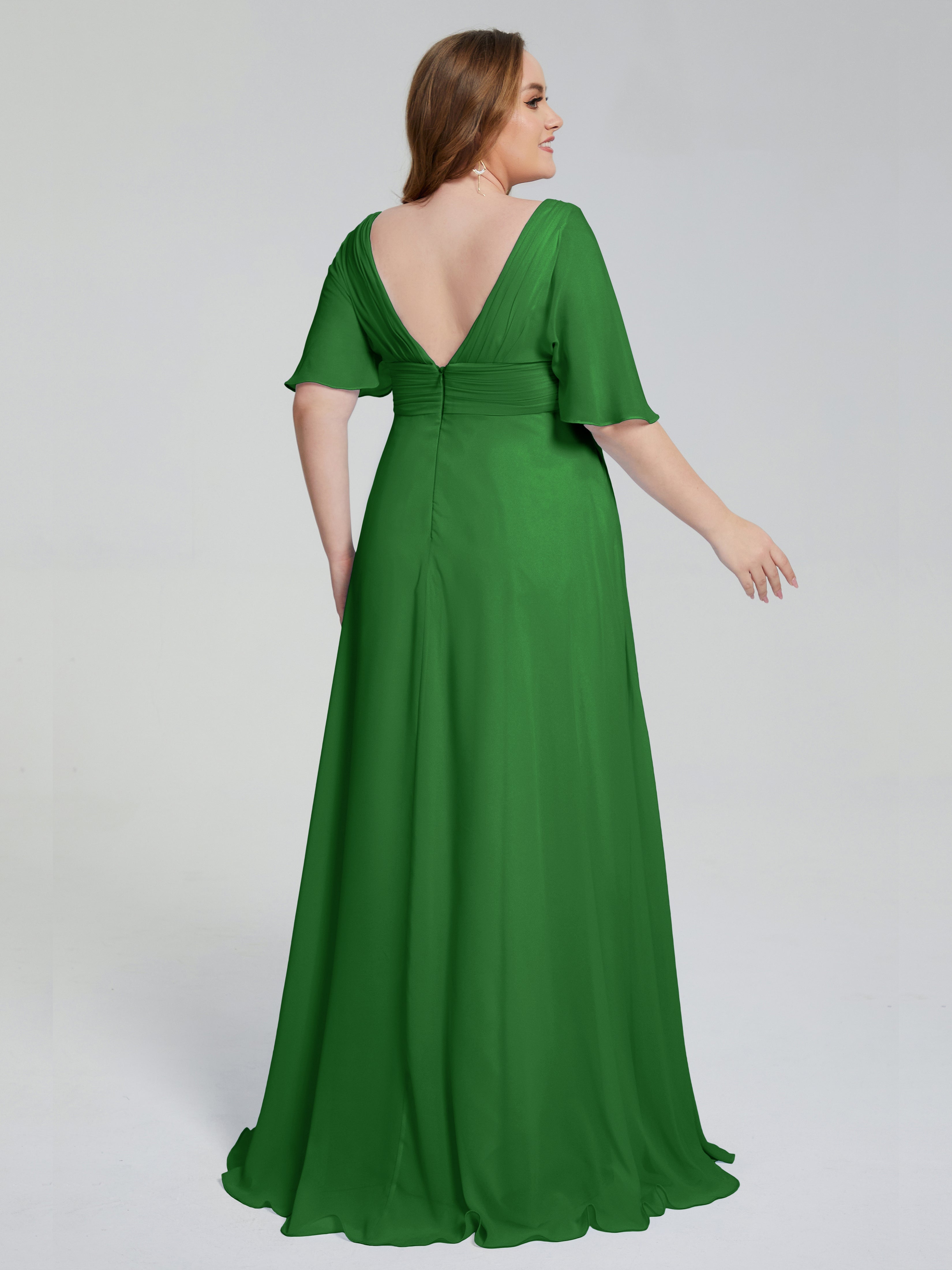 Robes De Demoiselle D'Honneur Vertes Balayage Traîne Manches Courtes Mousseline Robes Demoiselle D'Honneur Grande Taille