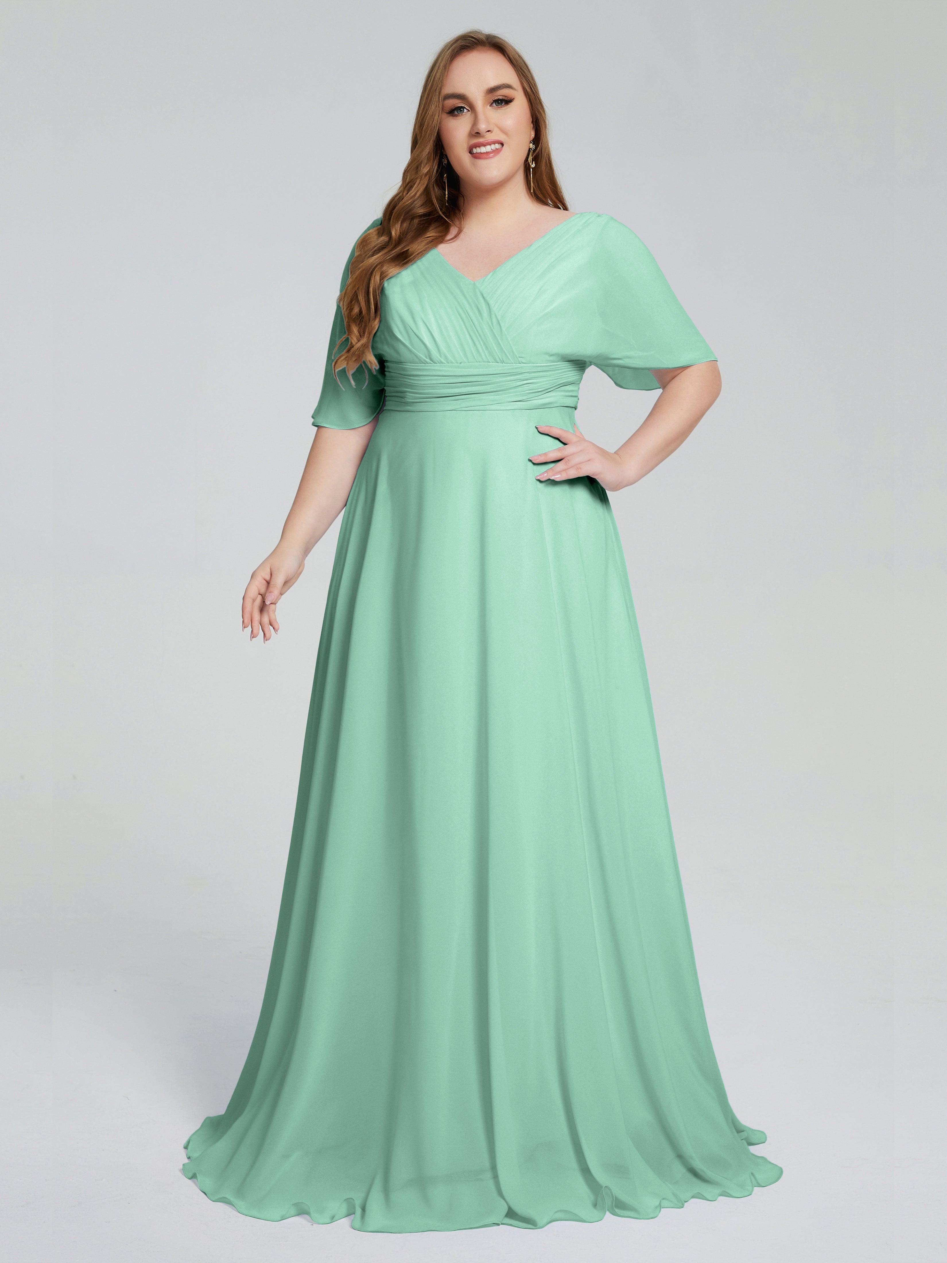 Robe Demoiselle D Honneur Vert Menthe Balayage Traîne Manches Courtes Mousseline Robes Demoiselle D'Honneur Grande Taille